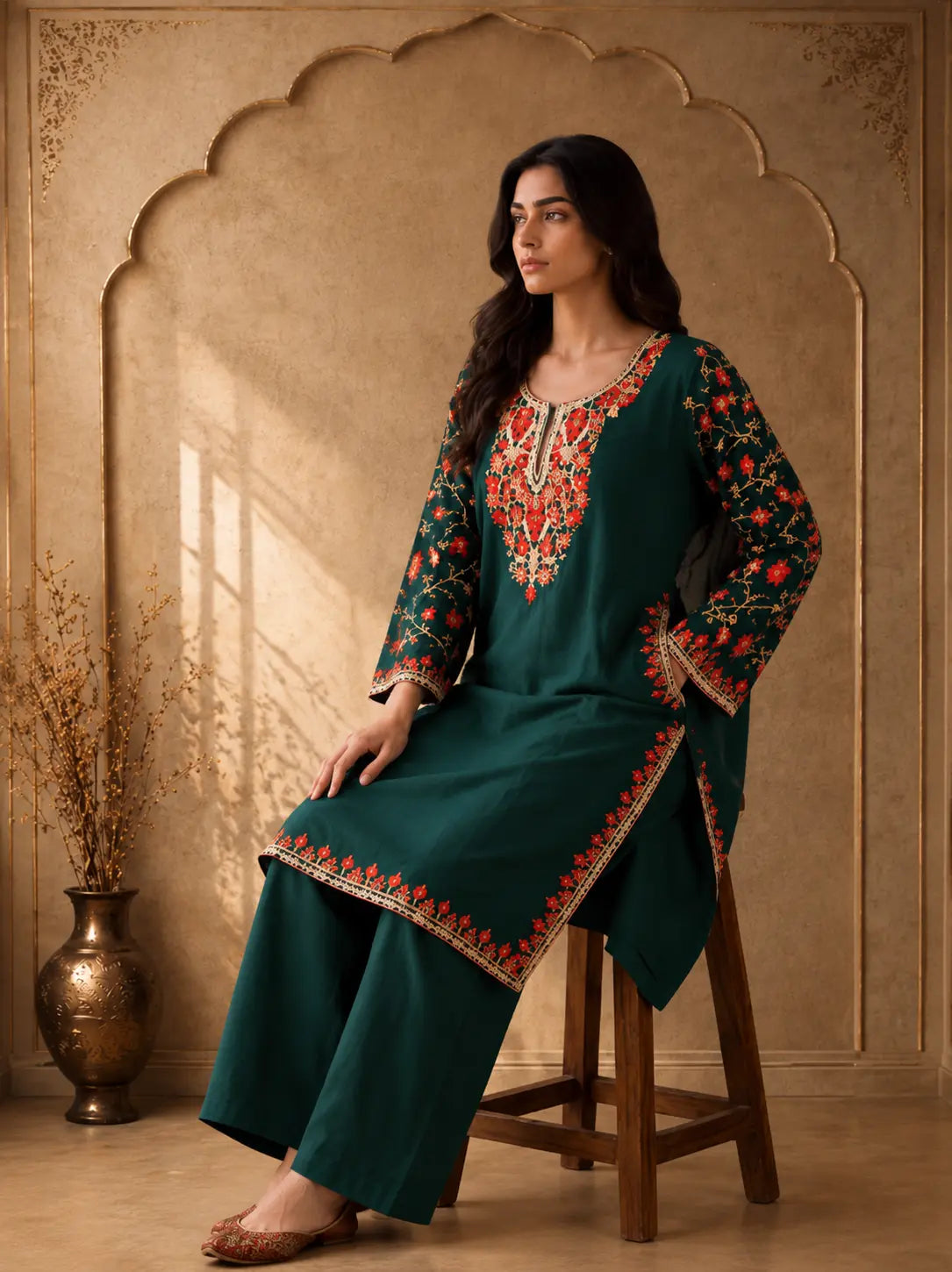 Meher Deep Teal Green Embroidered Pheran Set