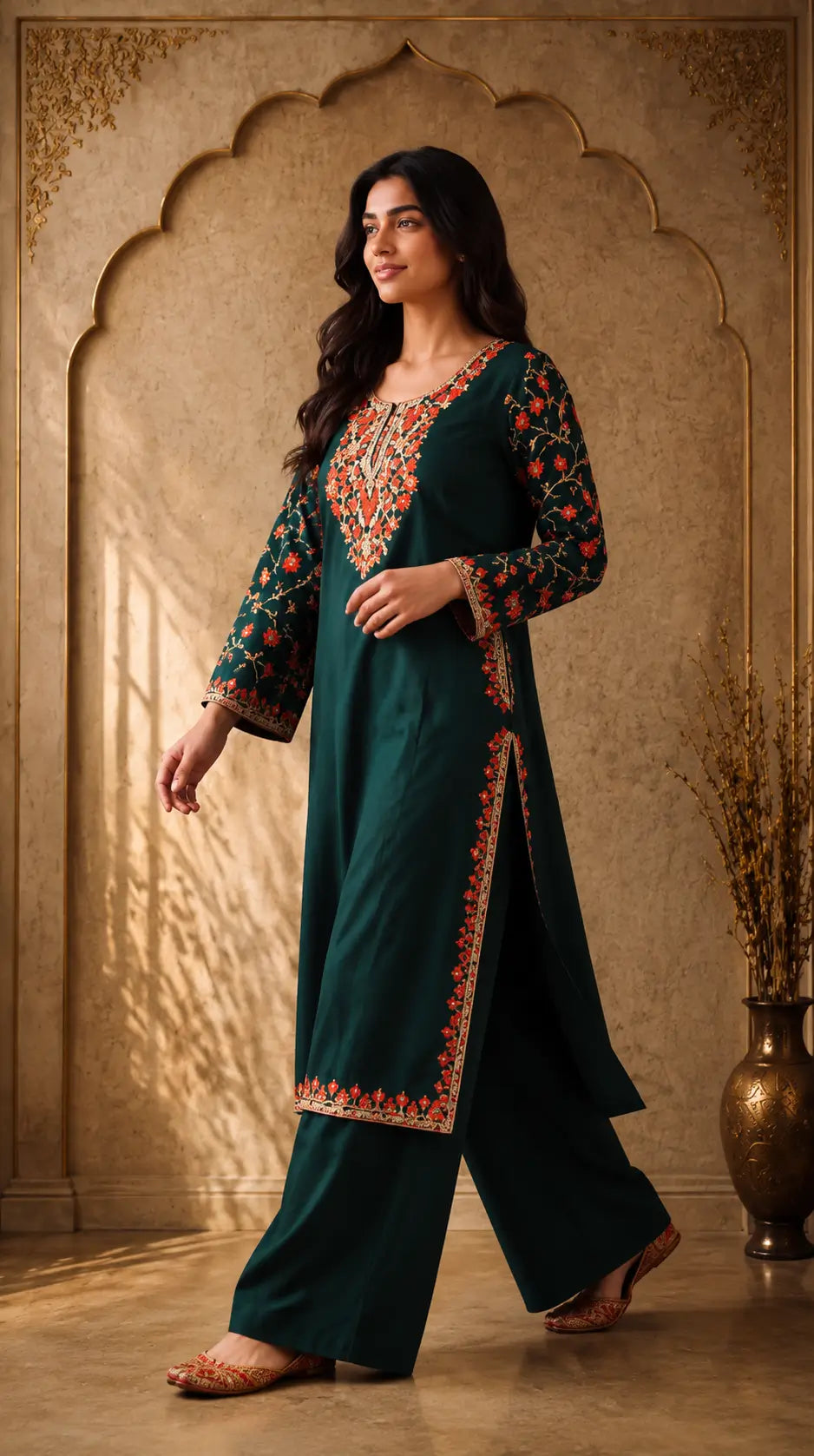 Meher Deep Teal Green Embroidered Pheran Set
