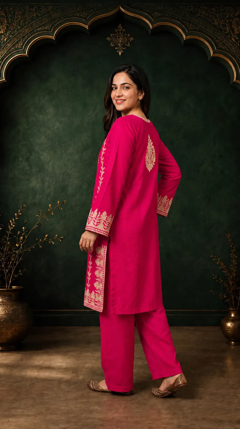 Gulnaar Fuchsia Pink Embroidered Pheran Set