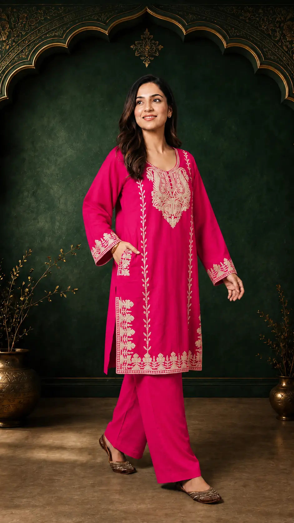 Gulnaar Fuchsia Pink Embroidered Pheran Set