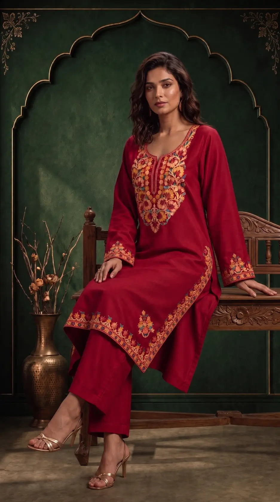 Ruhani Crimson Red Embroidered Pheran Set