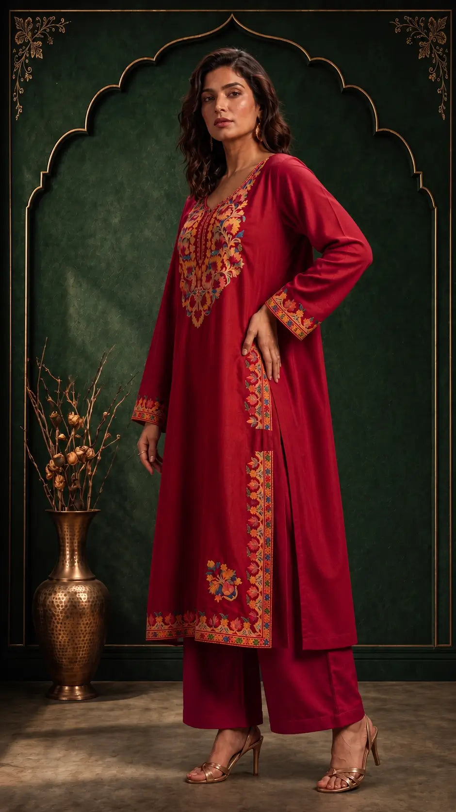 Ruhani Crimson Red Embroidered Pheran Set