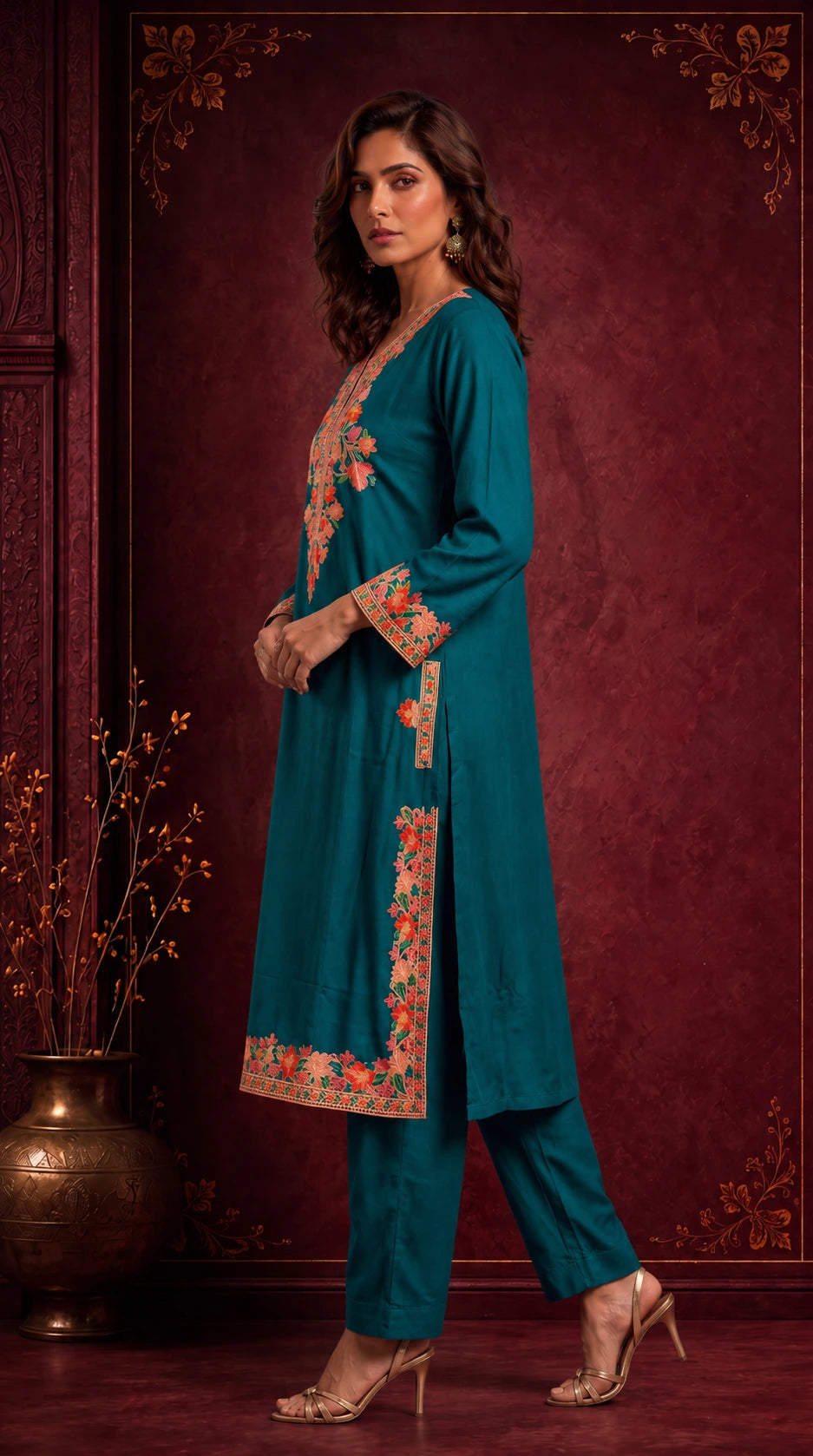 Zehra Teal Blue Embroidered Pheran Set