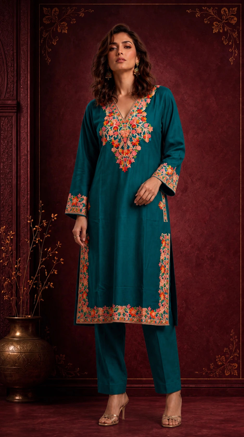 Zehra Teal Blue Embroidered Pheran Set
