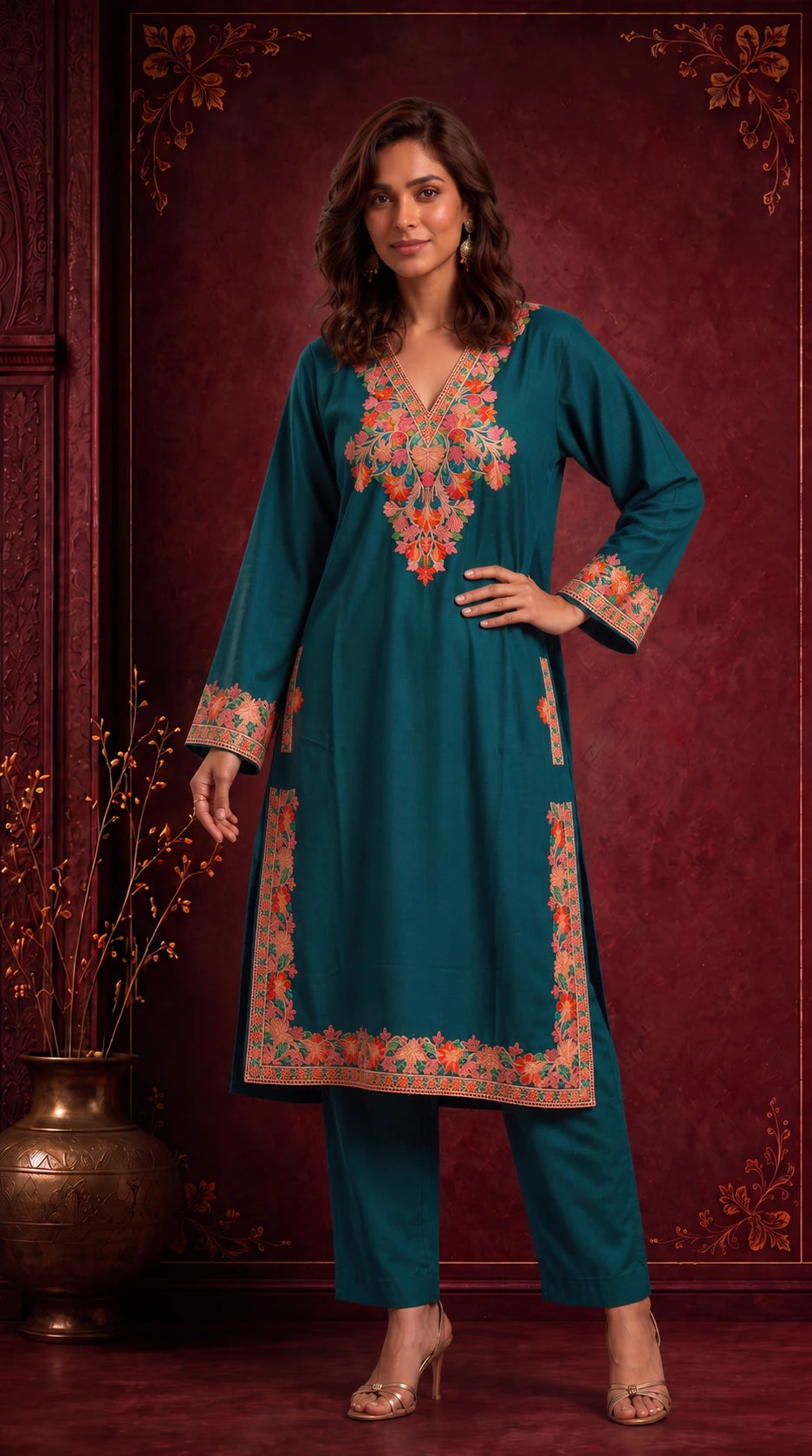 Zehra Teal Blue Embroidered Pheran Set