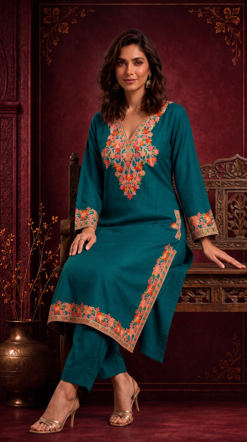 Zehra Teal Blue Embroidered Pheran Set