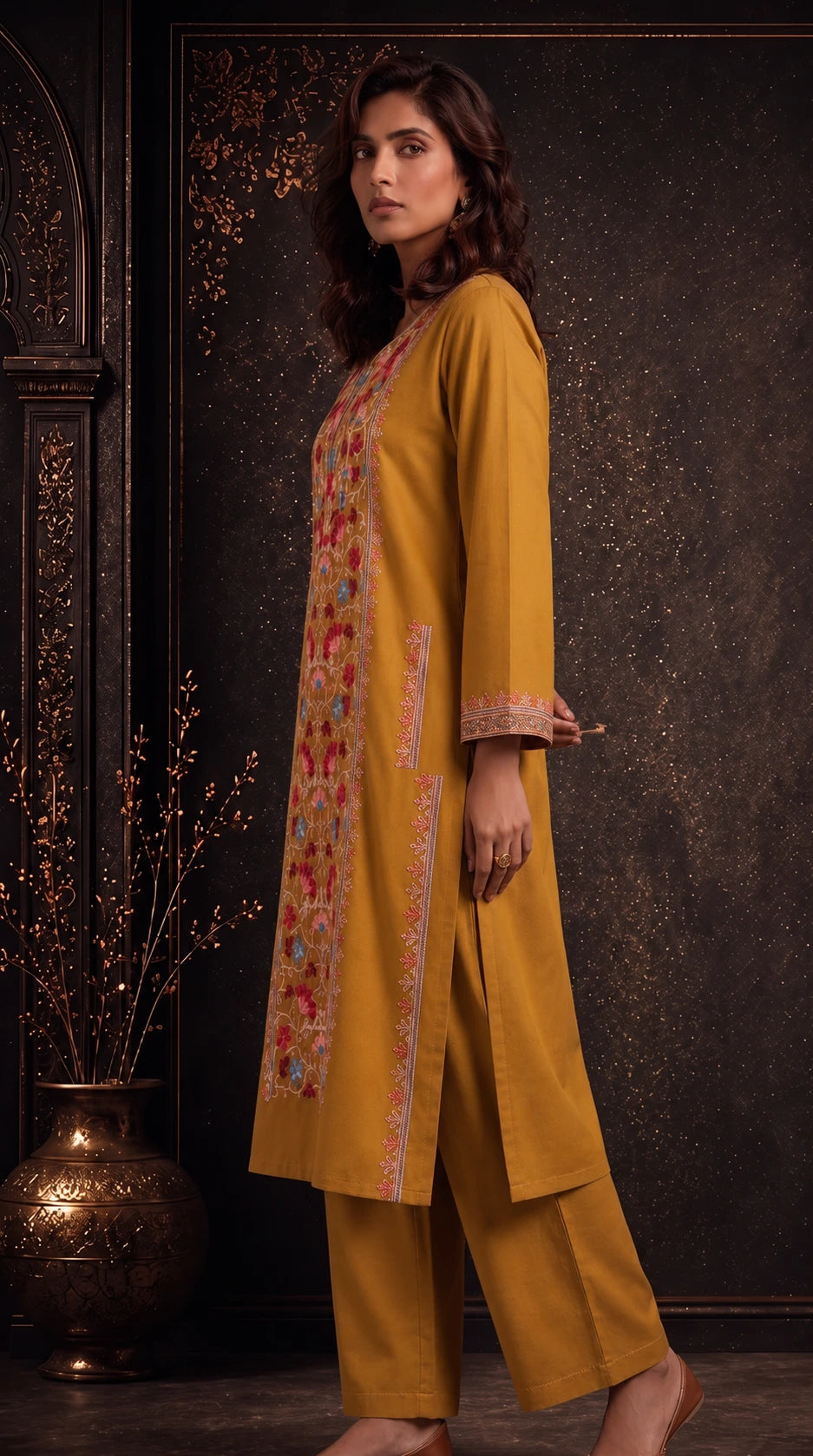 Inaya Mustard Ochre Embroidered Pheran Set