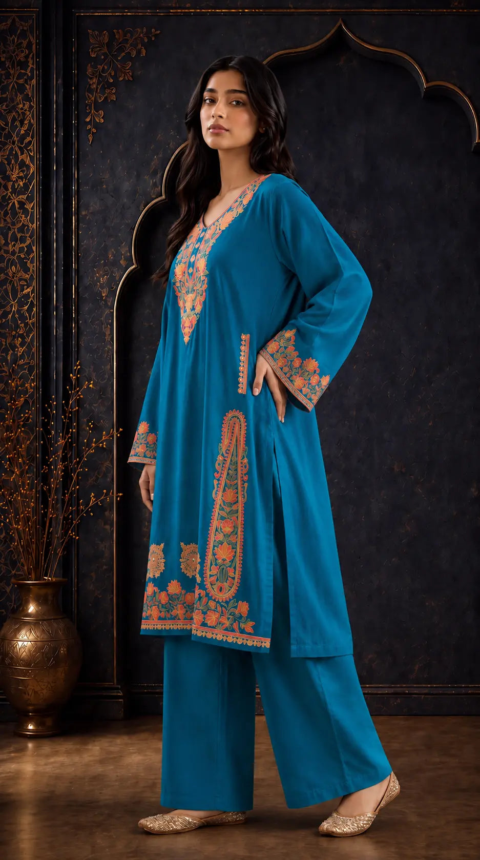 Zoya Turquoise Blue Embroidered Pheran Set