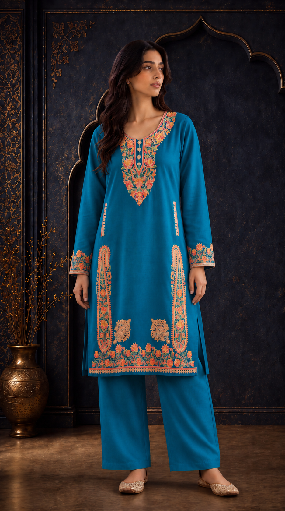 Zoya Turquoise Blue Embroidered Pheran Set