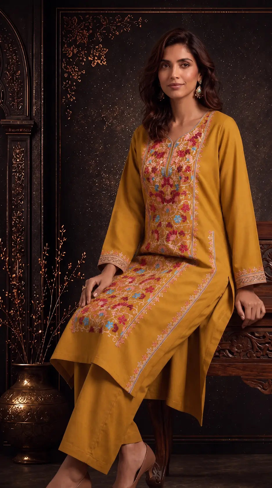 Nyra Mustard Yellow Embroidered Pheran