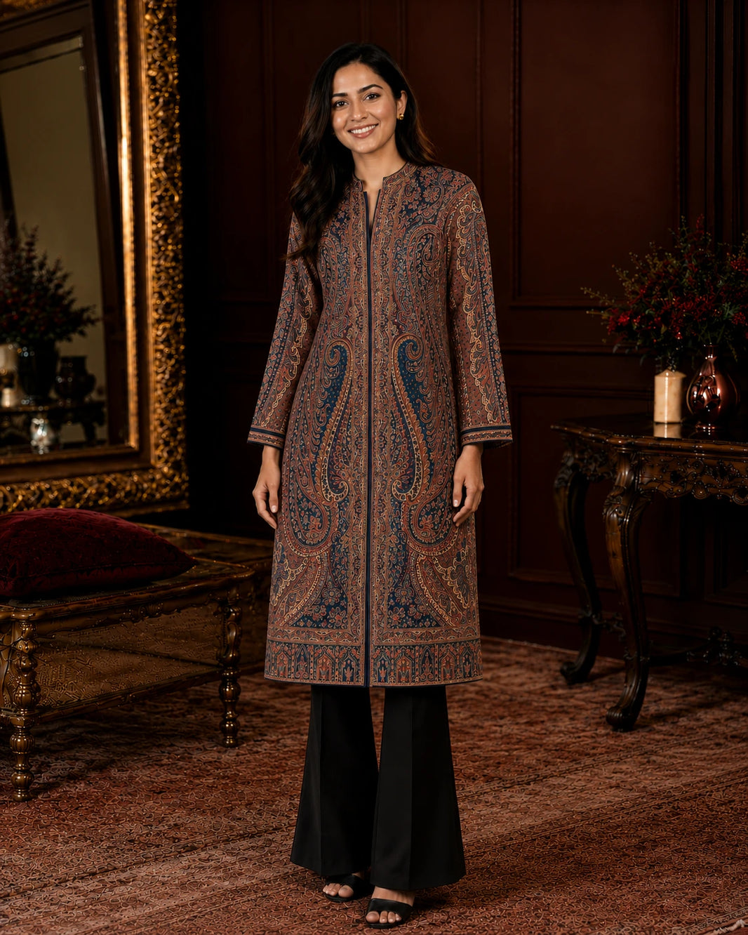 Afsana Rust Paisley Long Jacket for Women