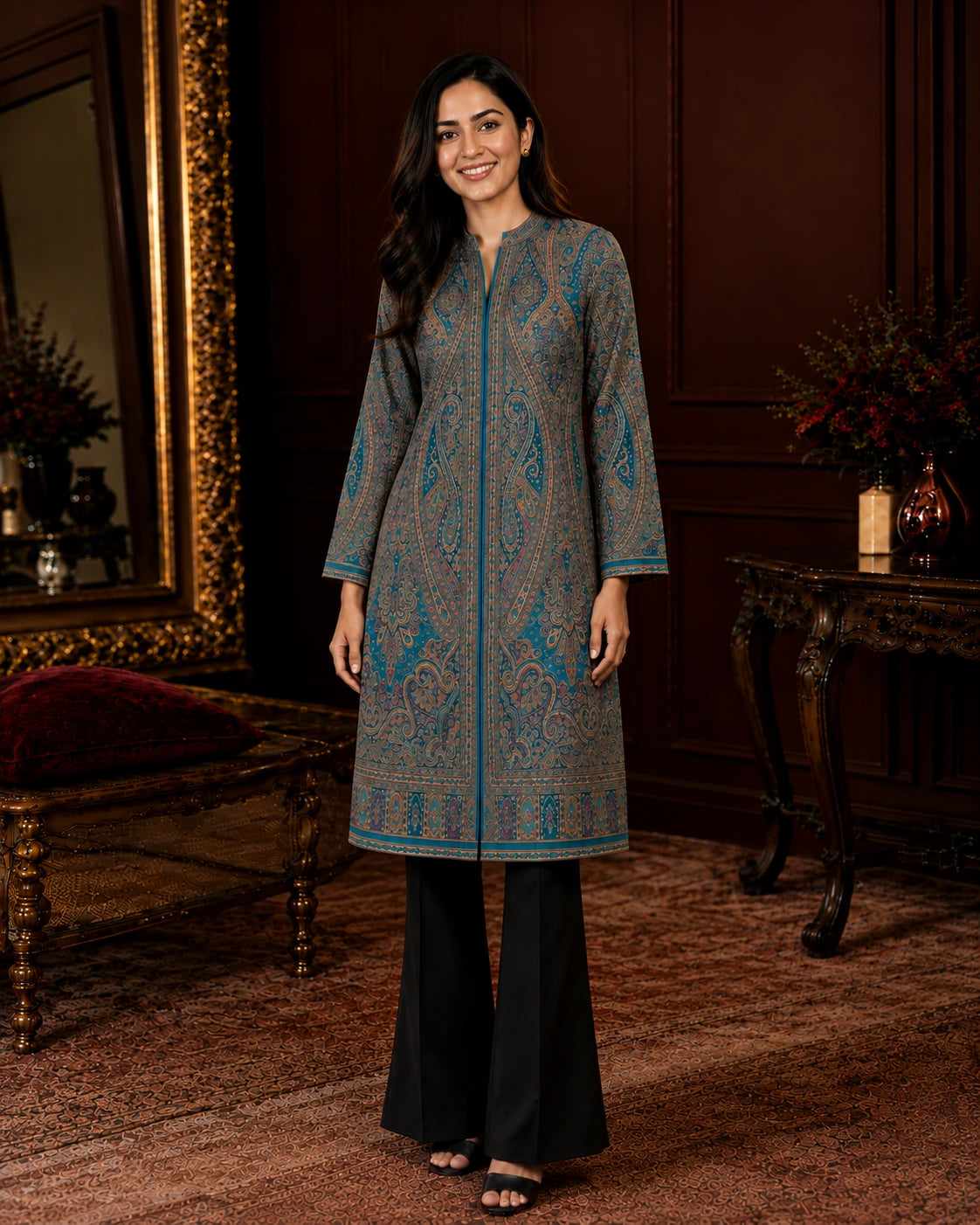 Meher Teal Paisley Long Jacket for Women