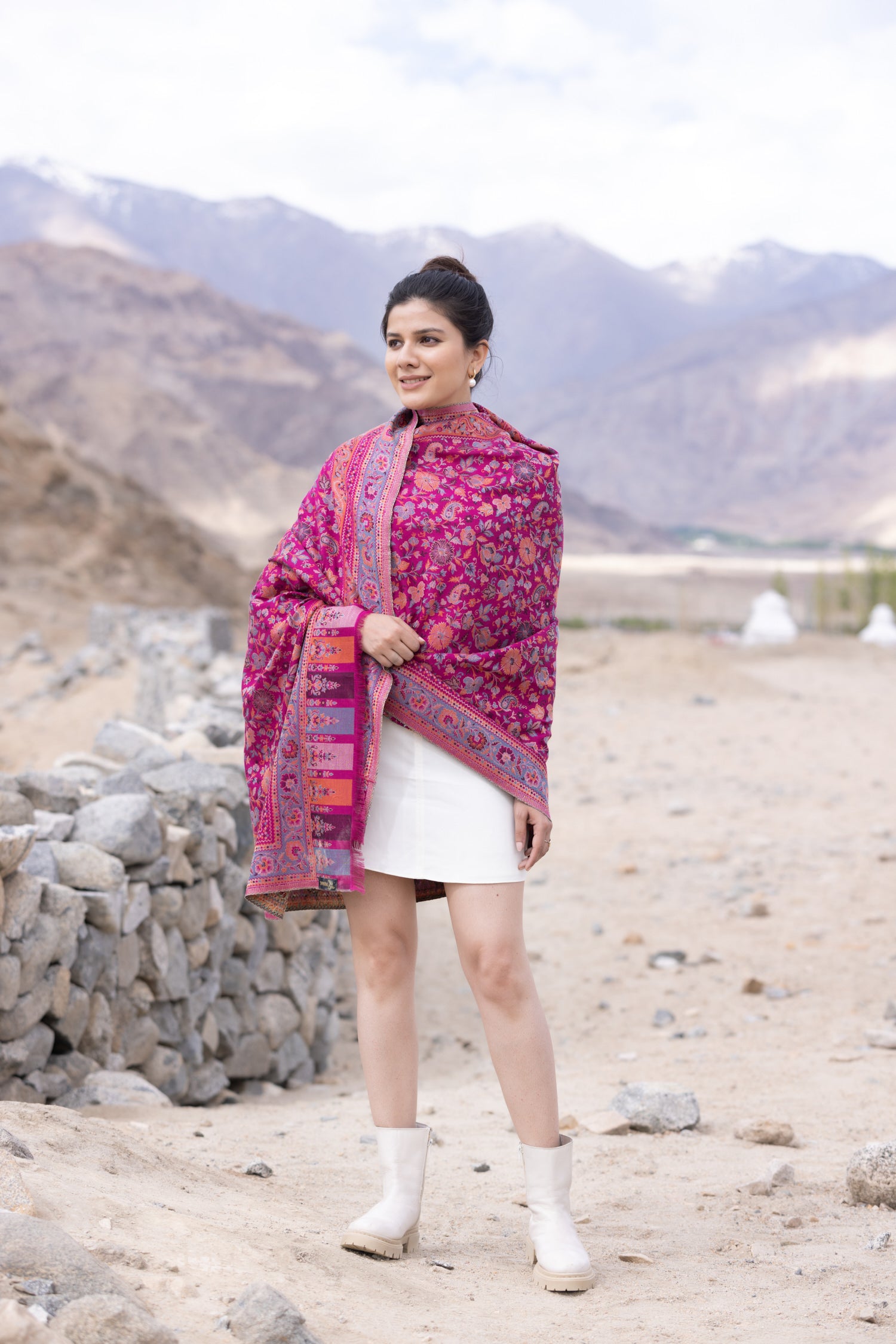 Antique Kashmiri Kani Stole with Sarvosk for Women - Rich Pink