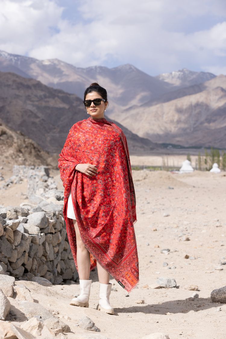 Traditional Bamboo Modal Red Kani Shawl for Women