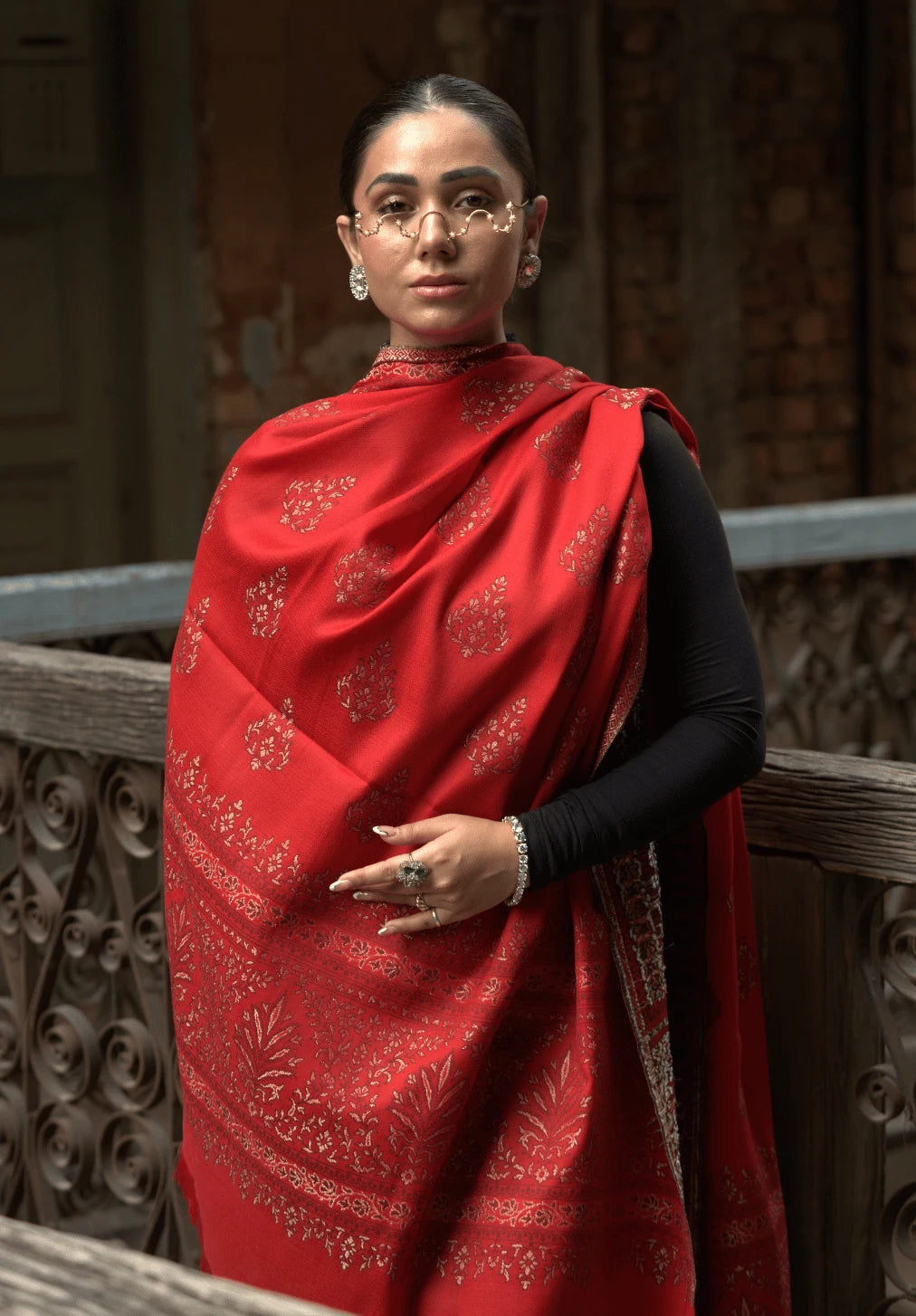 Women's Traditional Woollen Jamawar Shawl with Zari Work- Crimson Charm | Ultra Soft & Warm