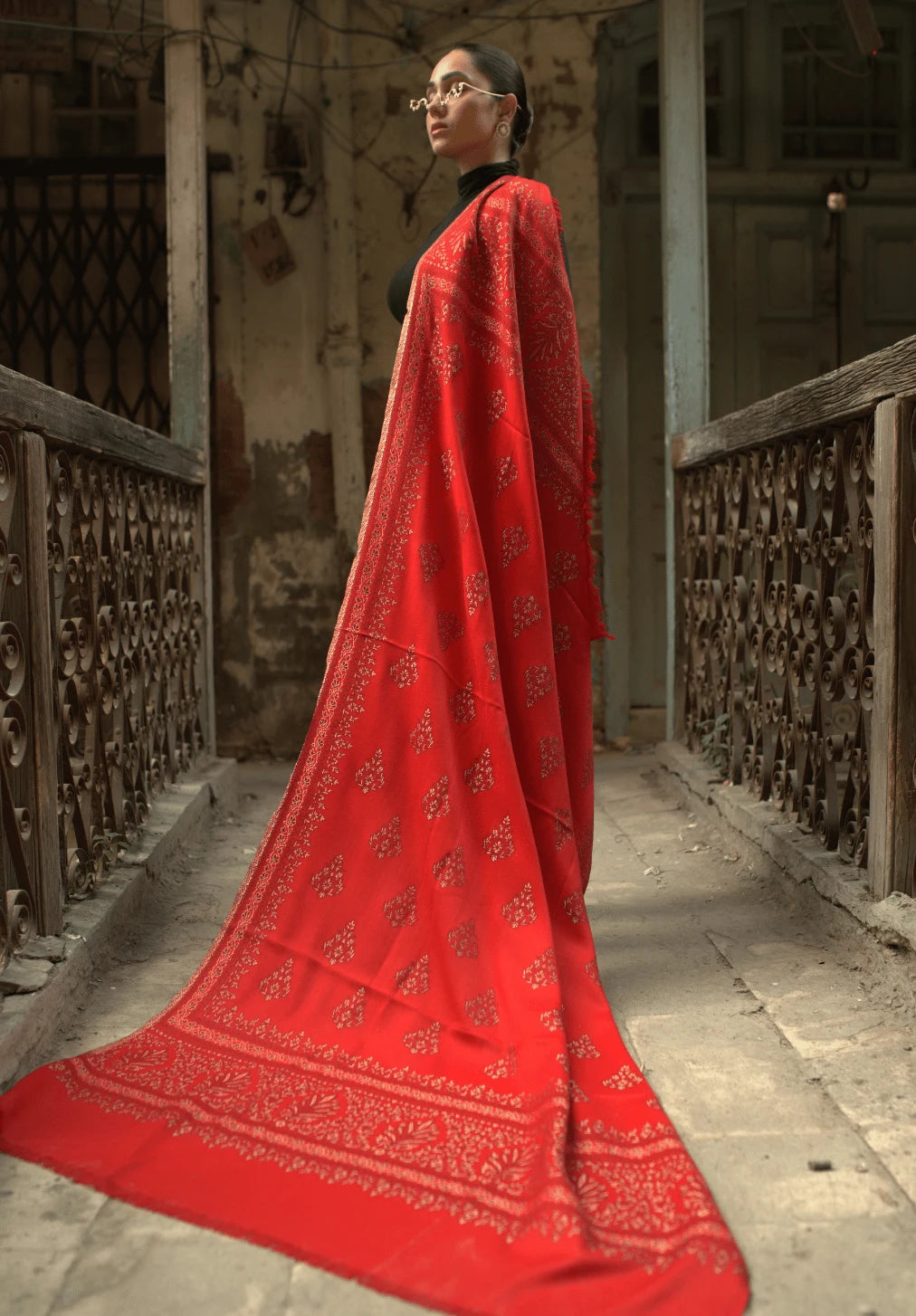 Women's Traditional Woollen Jamawar Shawl with Zari Work- Crimson Charm | Ultra Soft & Warm