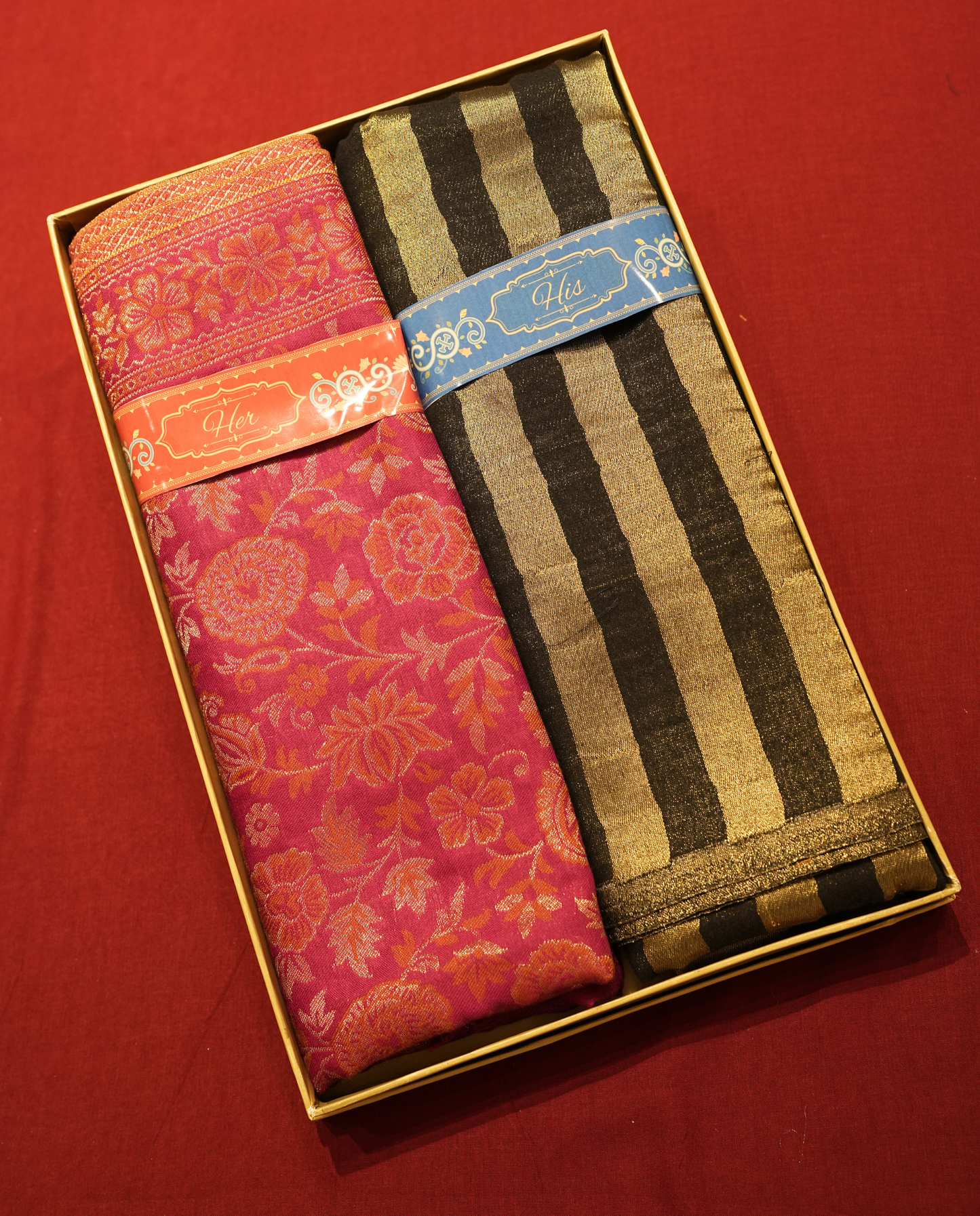 Pashmal His & Her Set of Floral Jamawar Shawl & Stole, Premium Gift Box Packaging, Pink & Black Gold