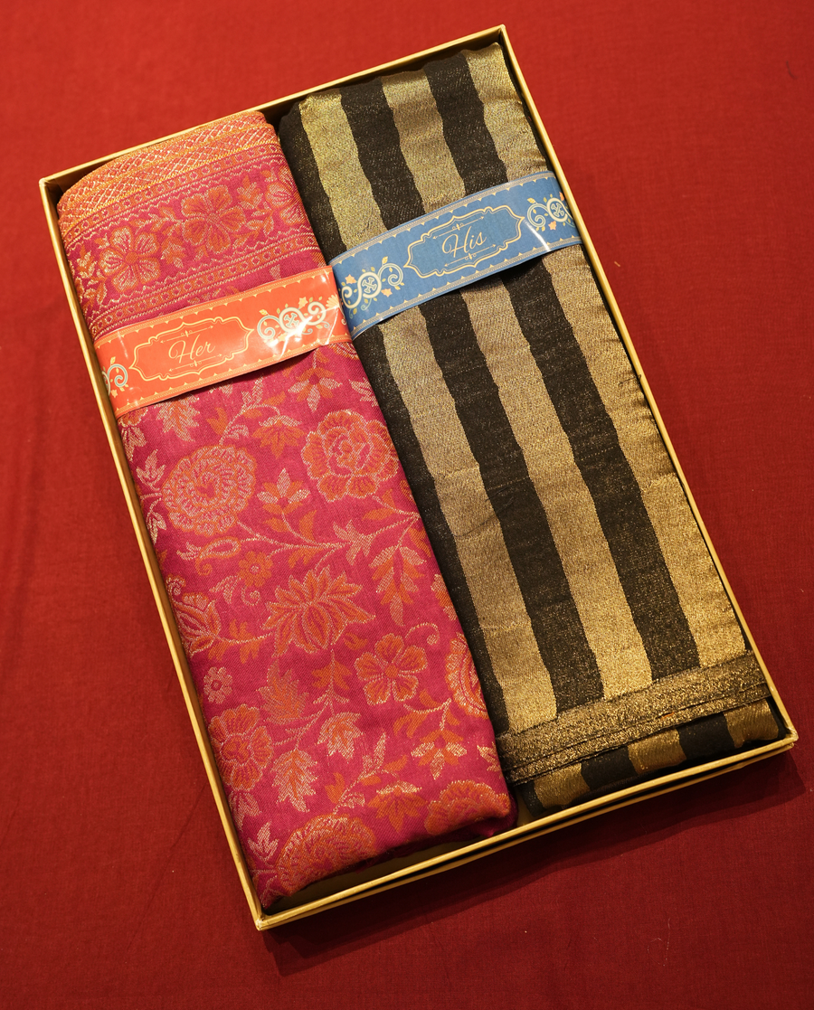 Pashmal His & Her Set of Floral Jamawar Shawl & Stole, Premium Gift Box Packaging, Pink & Black Gold