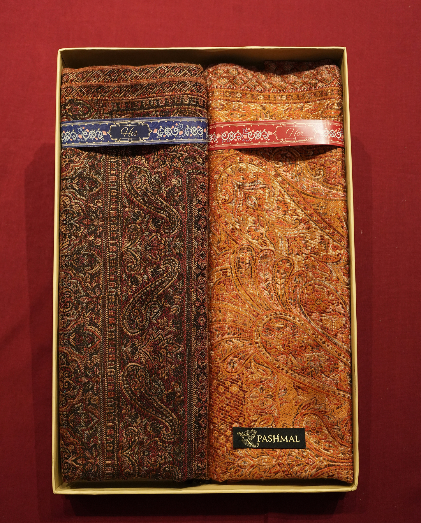 Pashmal His & Her Set of Jamawar Stole and Shawl, Premium Gift Box Packaging, Brown and Mustard Gold