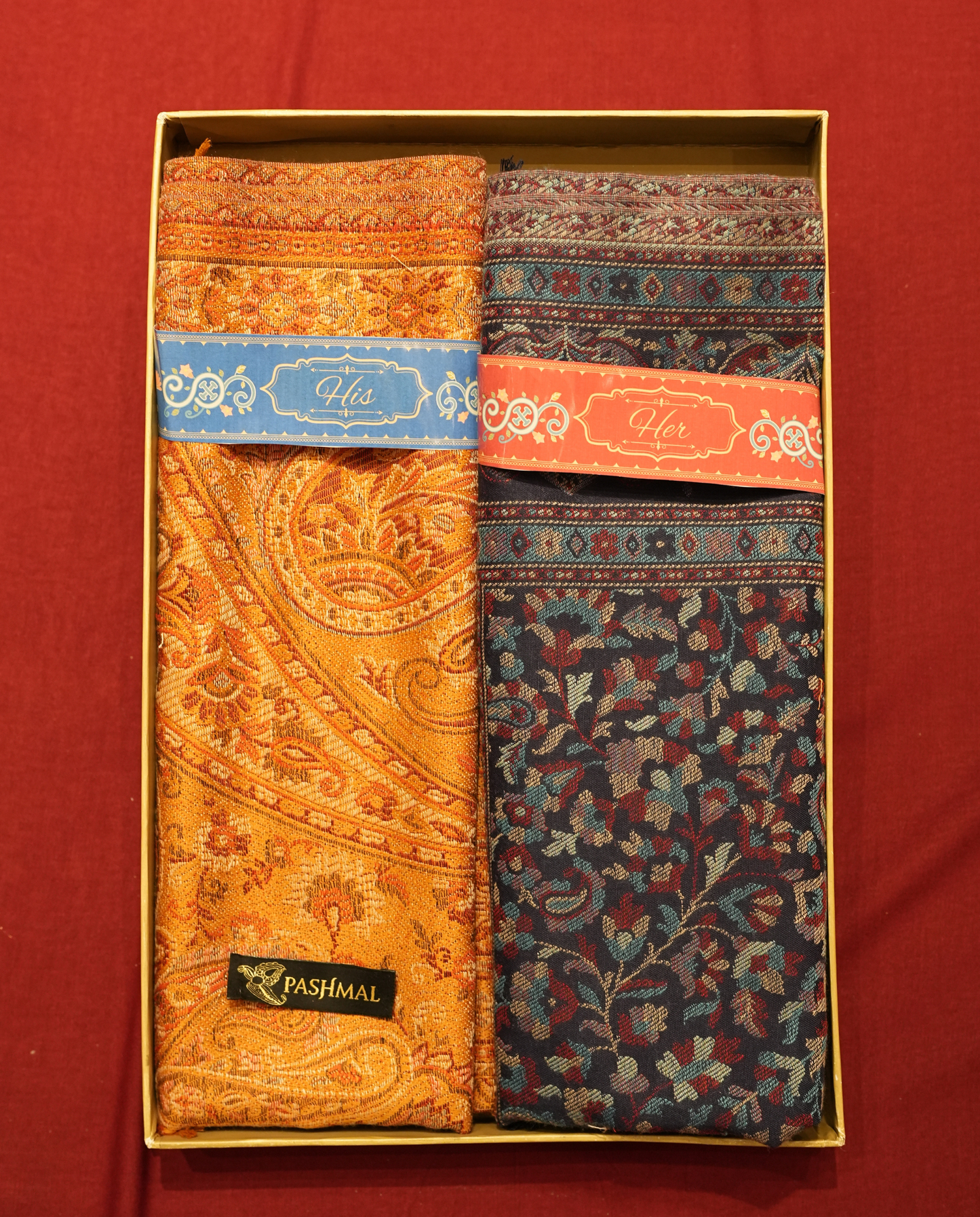 Pashmal His & Her Set of Jamawar Shawl & Stole, Premium Gift Box Packaging, Orange & Black