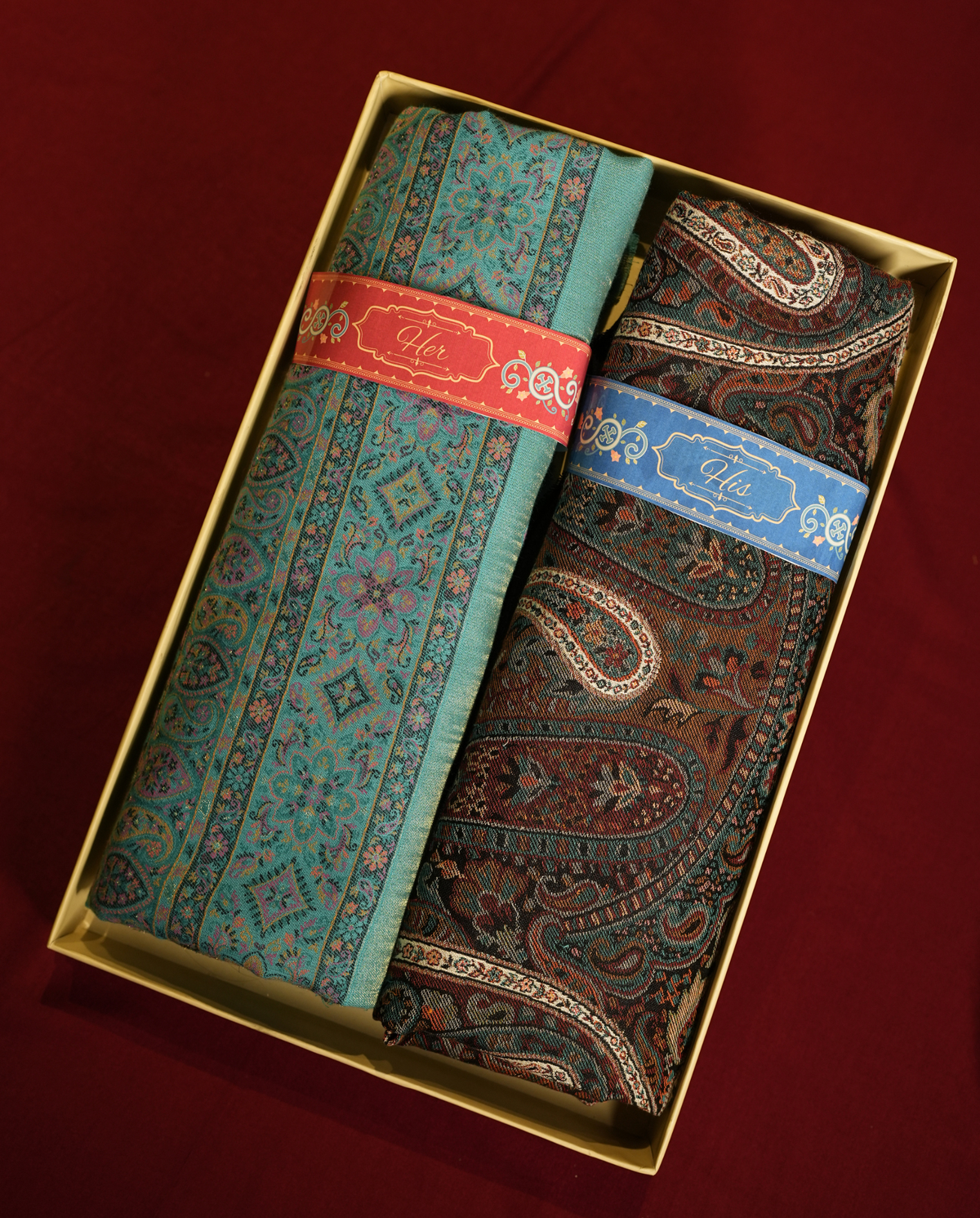 Pashmal His & Her Jamawar Shawl Set, Premium Gift Box, Turquoise & Multicolor