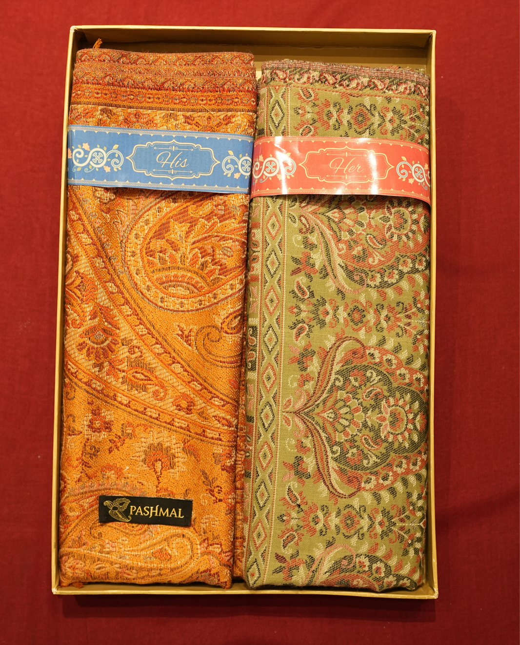 Pashmal His & Her Set of Jamawar Shawl & Stole, Premium Gift Box Packaging, Orange & Olive Green