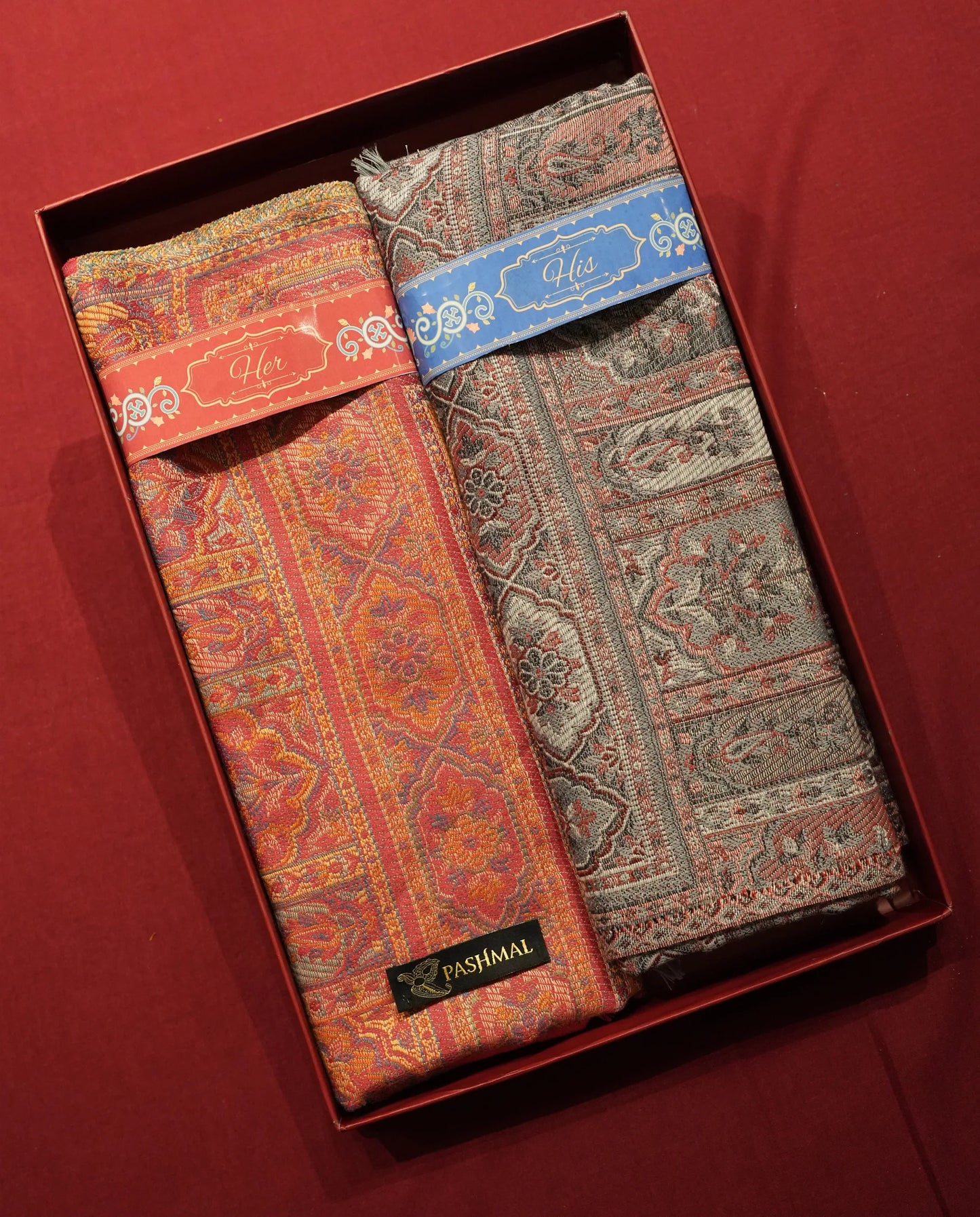 Pashmal His And Her Set Of Jamawar Stole And Shawl, Premium Gift Box Packaging, Rust Orange And Grey