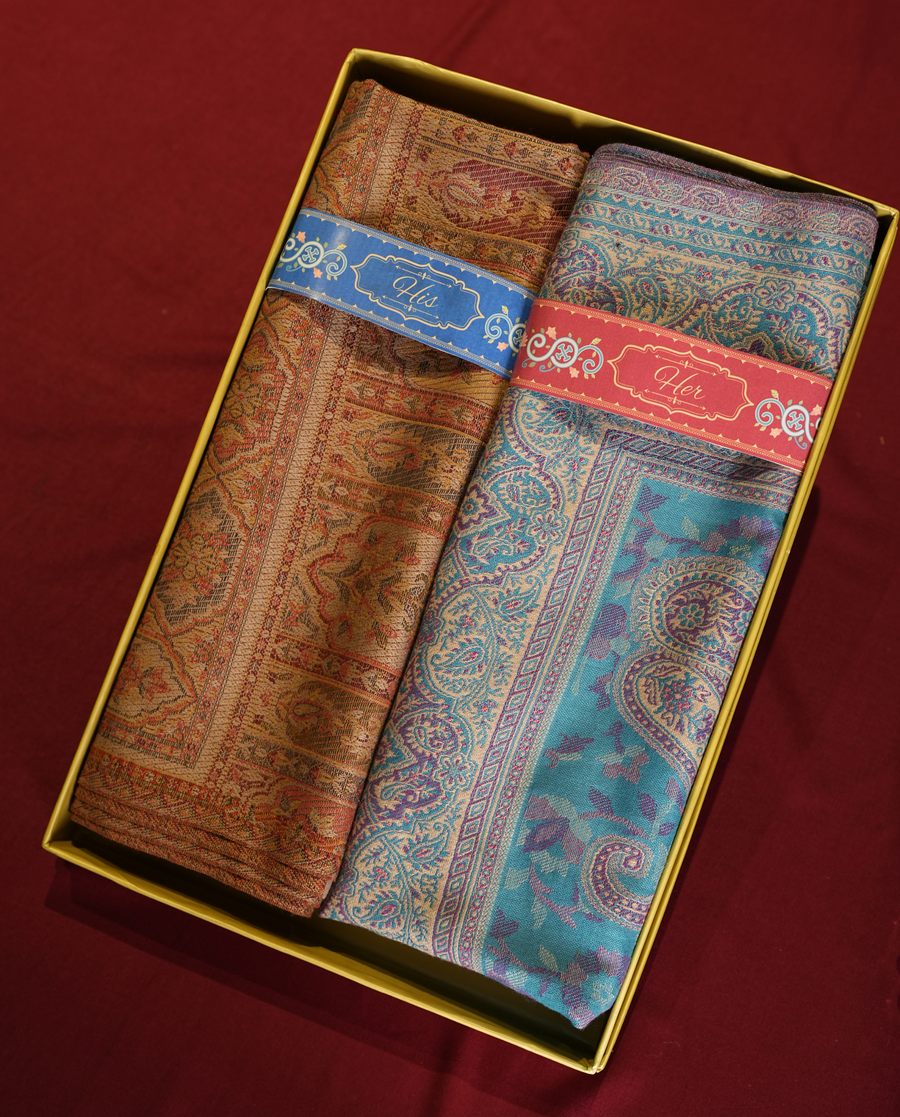 Pashmal His & Her Jamawar Shawl Set, Premium Gift Box, Brown & Turquoise