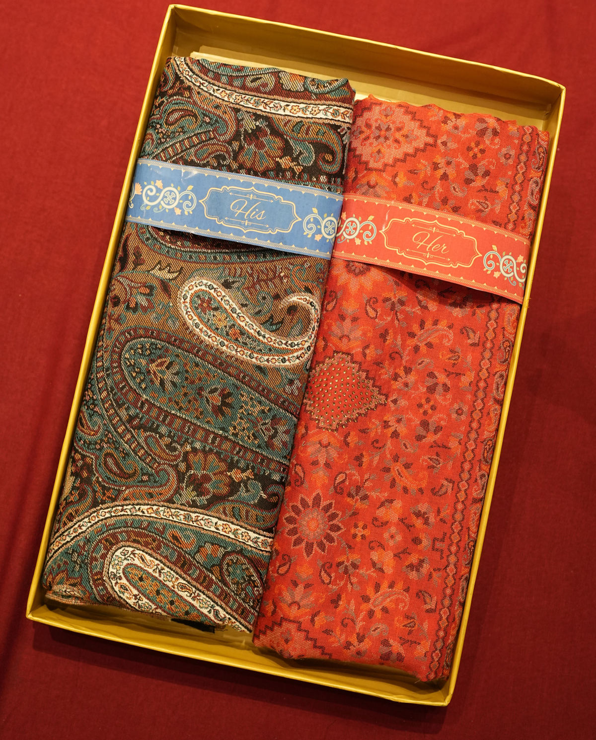 Pashmal His & Her Set of Jamawar Shawl & Stole, Premium Gift Box Packaging, Teal Green & Coral Orange