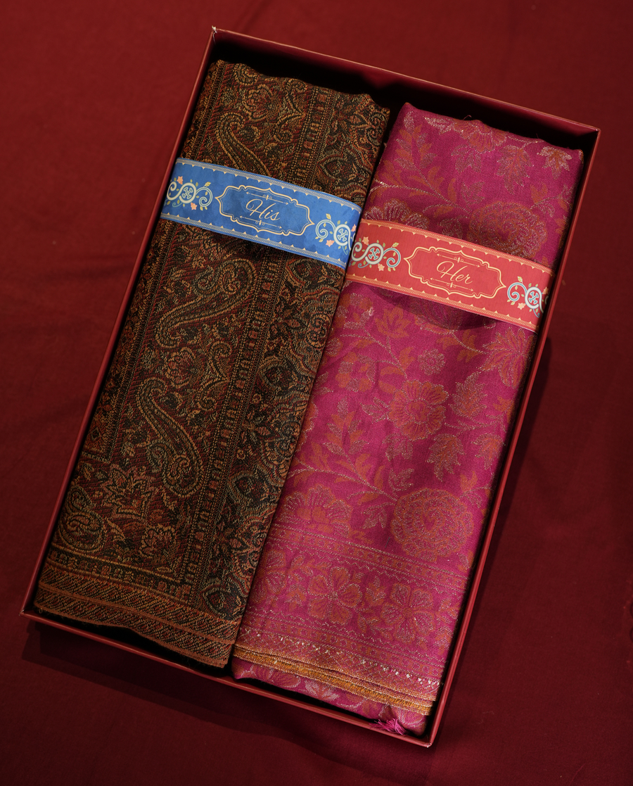 Pashmal His & Her Jamawar Shawl Set, Premium Gift Box, Black & Magenta