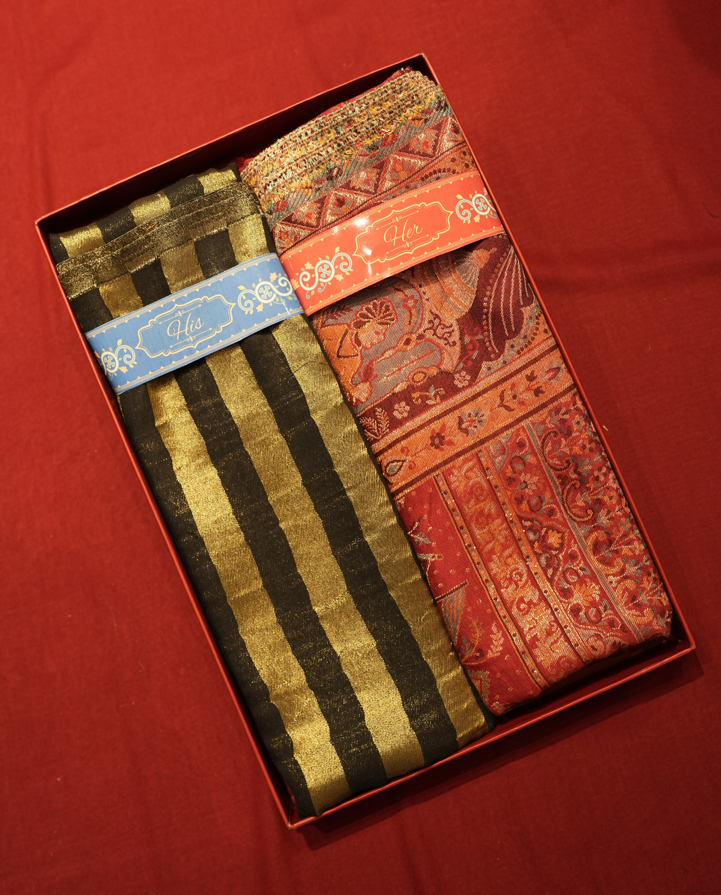 Pashmal His & Her Set of Jamawar Shawl & Stole, Premium Gift Box Packaging, Black Gold & Rust Red