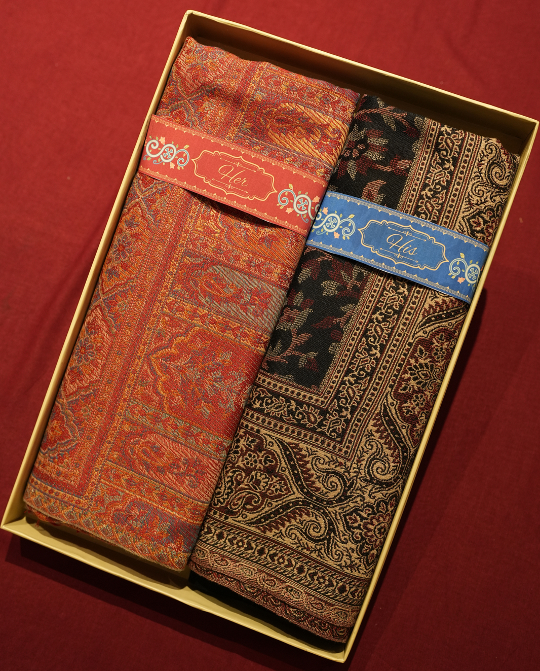 Pashmal His & Her Jamawar Shawl Set, Premium Gift Box, Rust & Black