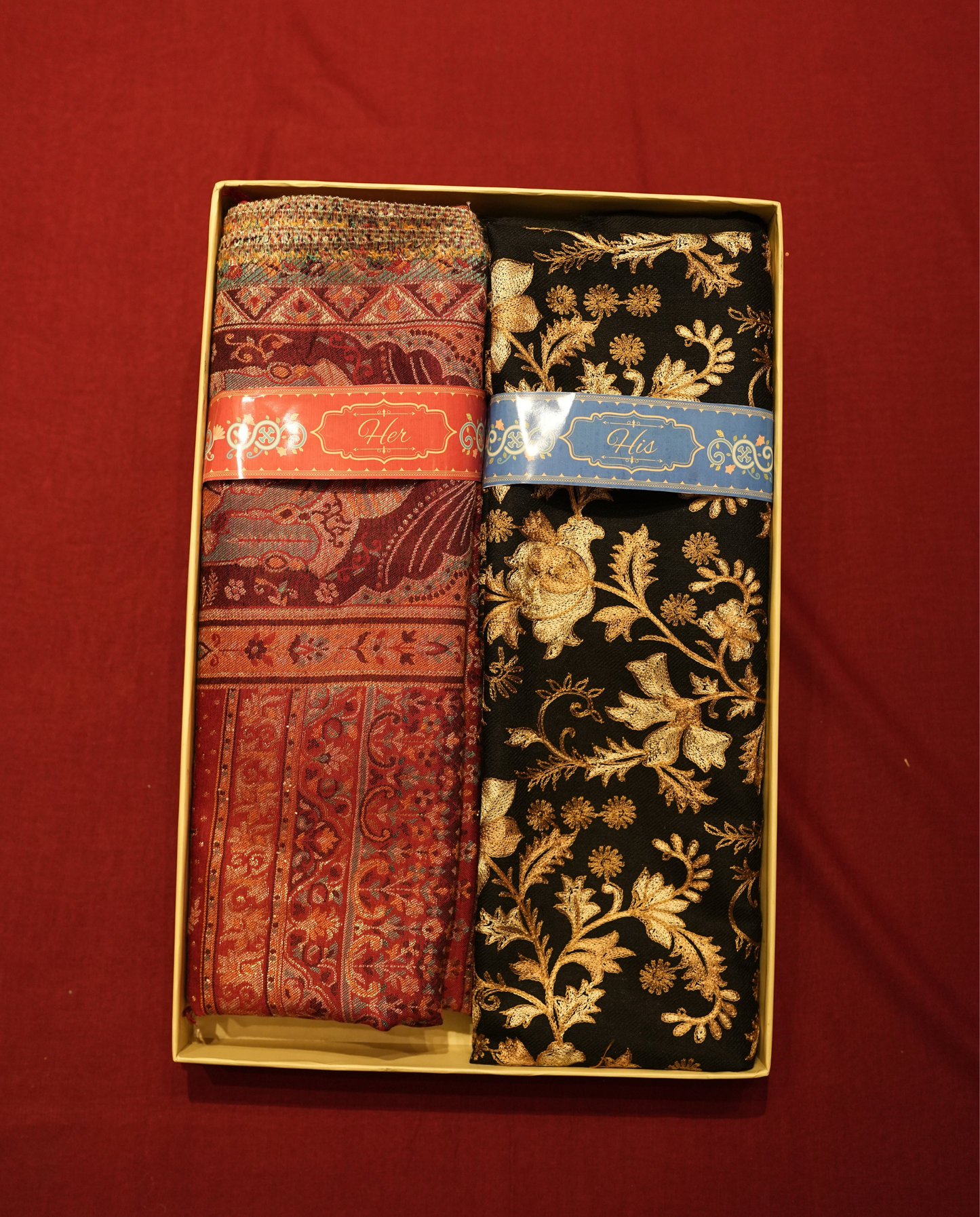 Pashmal His & Her Set of Jamawar Shawl & Stole, Premium Gift Box Packaging, Maroon & Black Gold