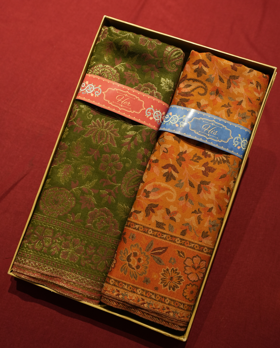 Pashmal His & Her Shawl Set, Floral Woven Design, Premium Gift Box, Olive Green & Orange