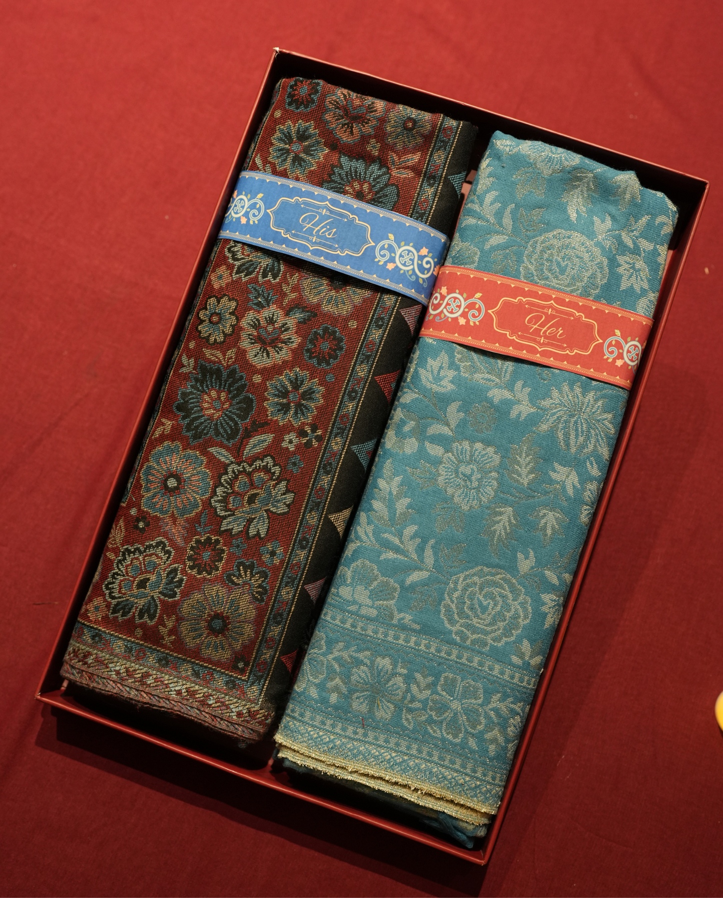 Pashmal His & Her Floral Shawl Set, Premium Gift Box, Black & Sky Blue