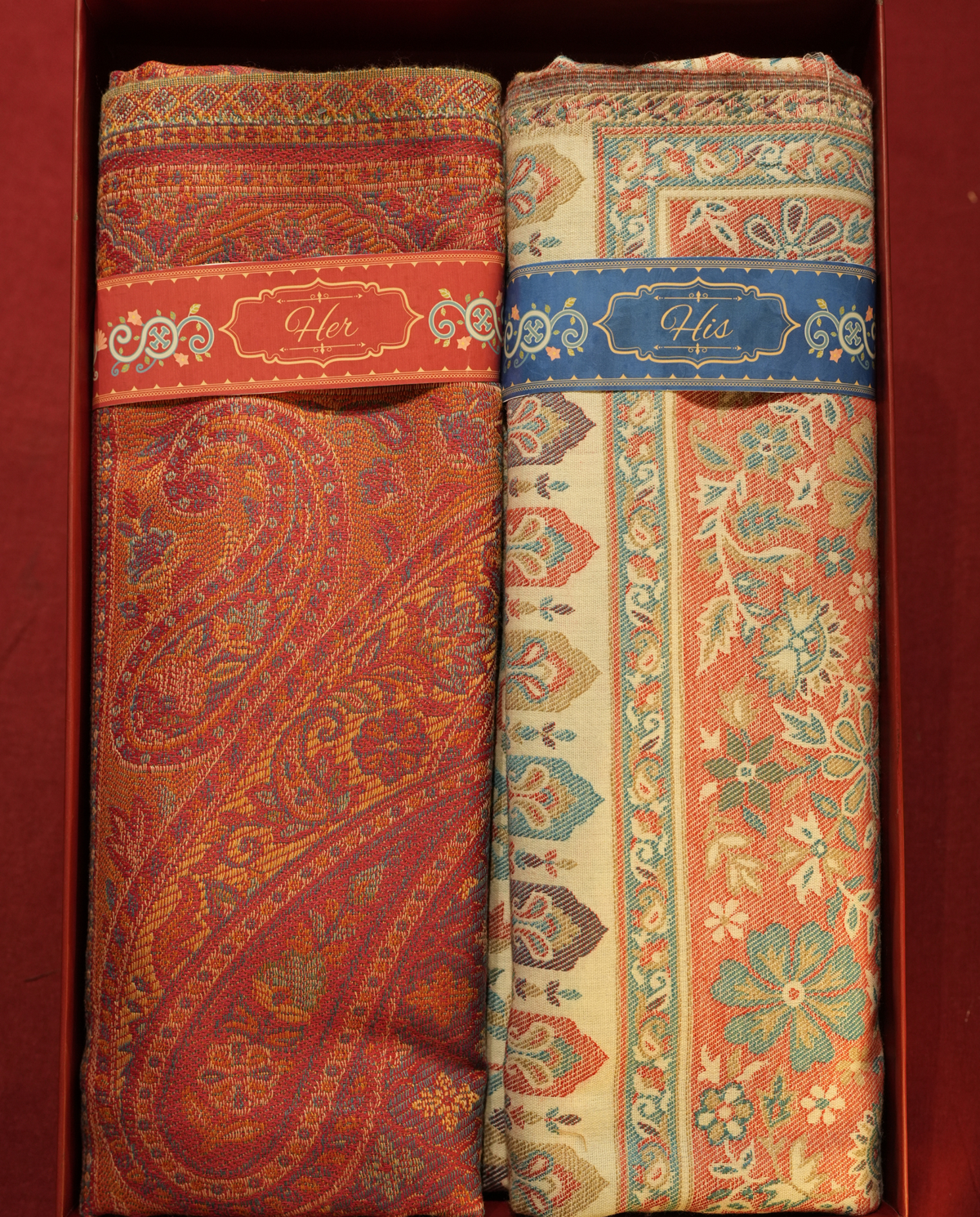Pashmal His & Her Jamawar Shawl Set, Premium Gift Box, Rust & Cream