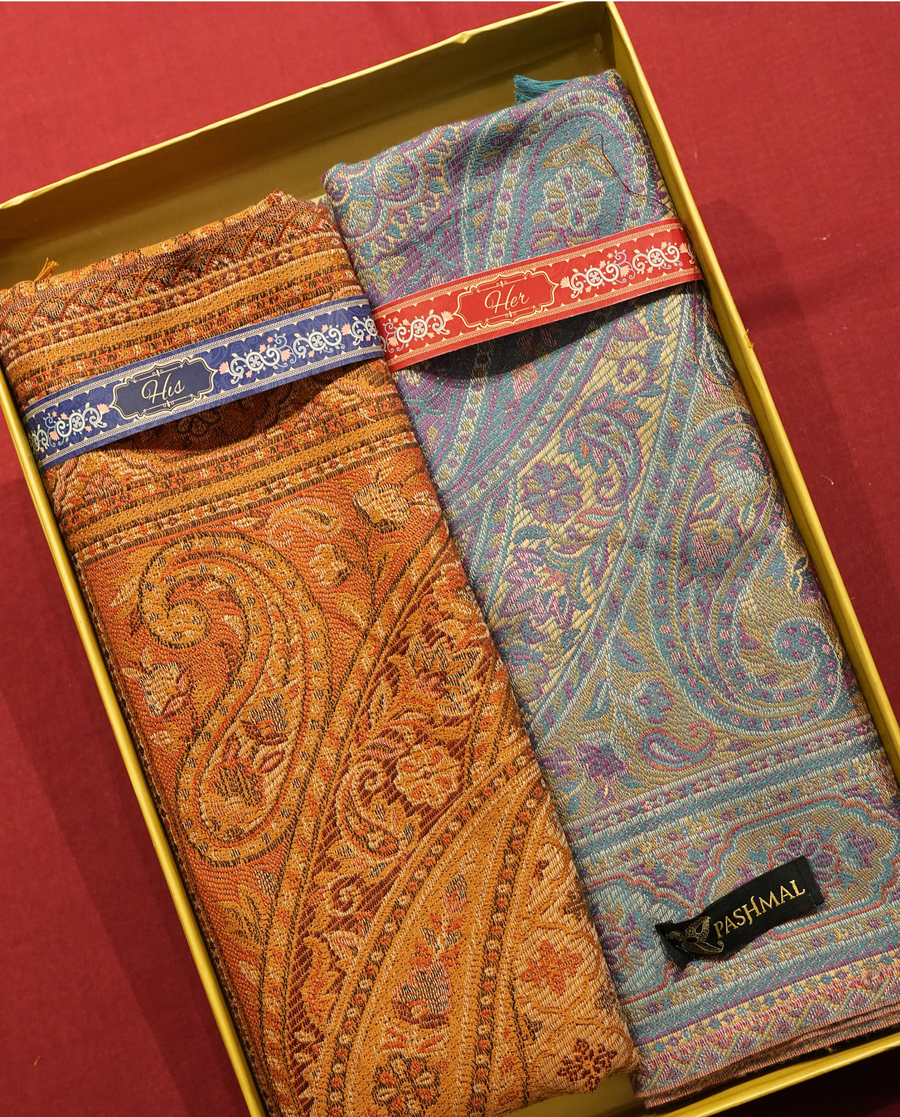 Pashmal His & Her Set of Jamawar Shawl & Stole, Premium Gift Box Packaging, Rust Orange & Multicolor Blue