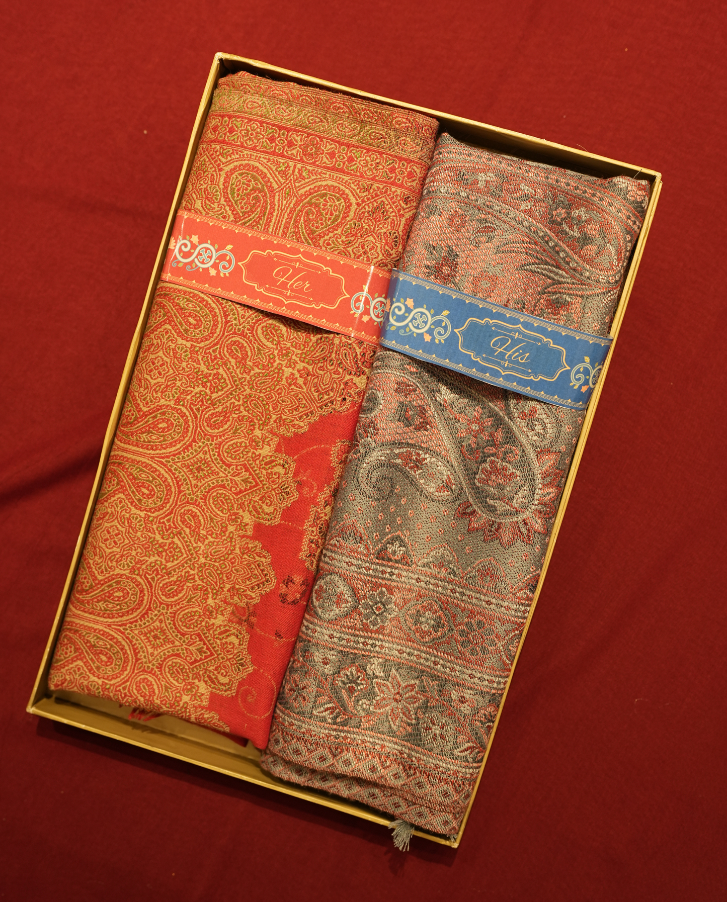 Pashmal His & Her Set of Jamawar Shawl & Stole, Premium Gift Box Packaging, Rust Red & Grey