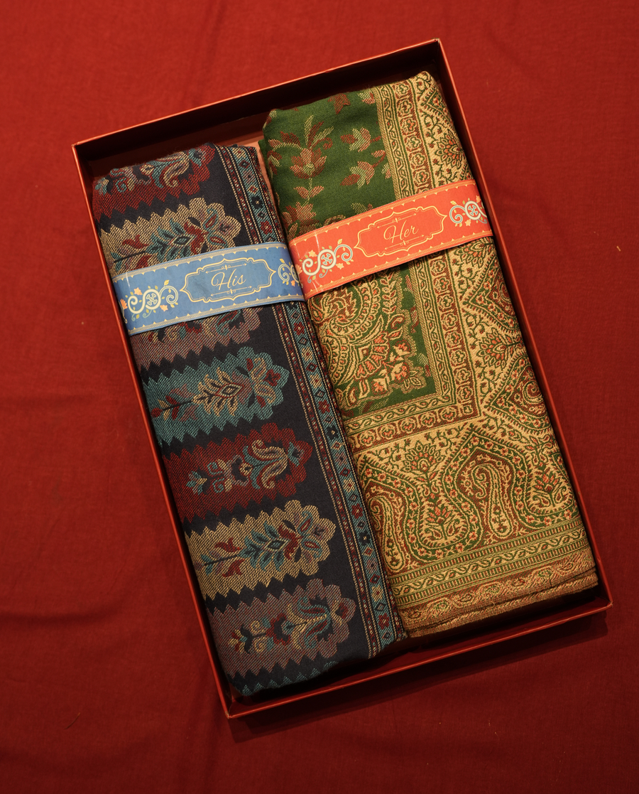 Pashmal His & Her Jamawar Shawl Set, Premium Gift Box, Navy Blue & Green