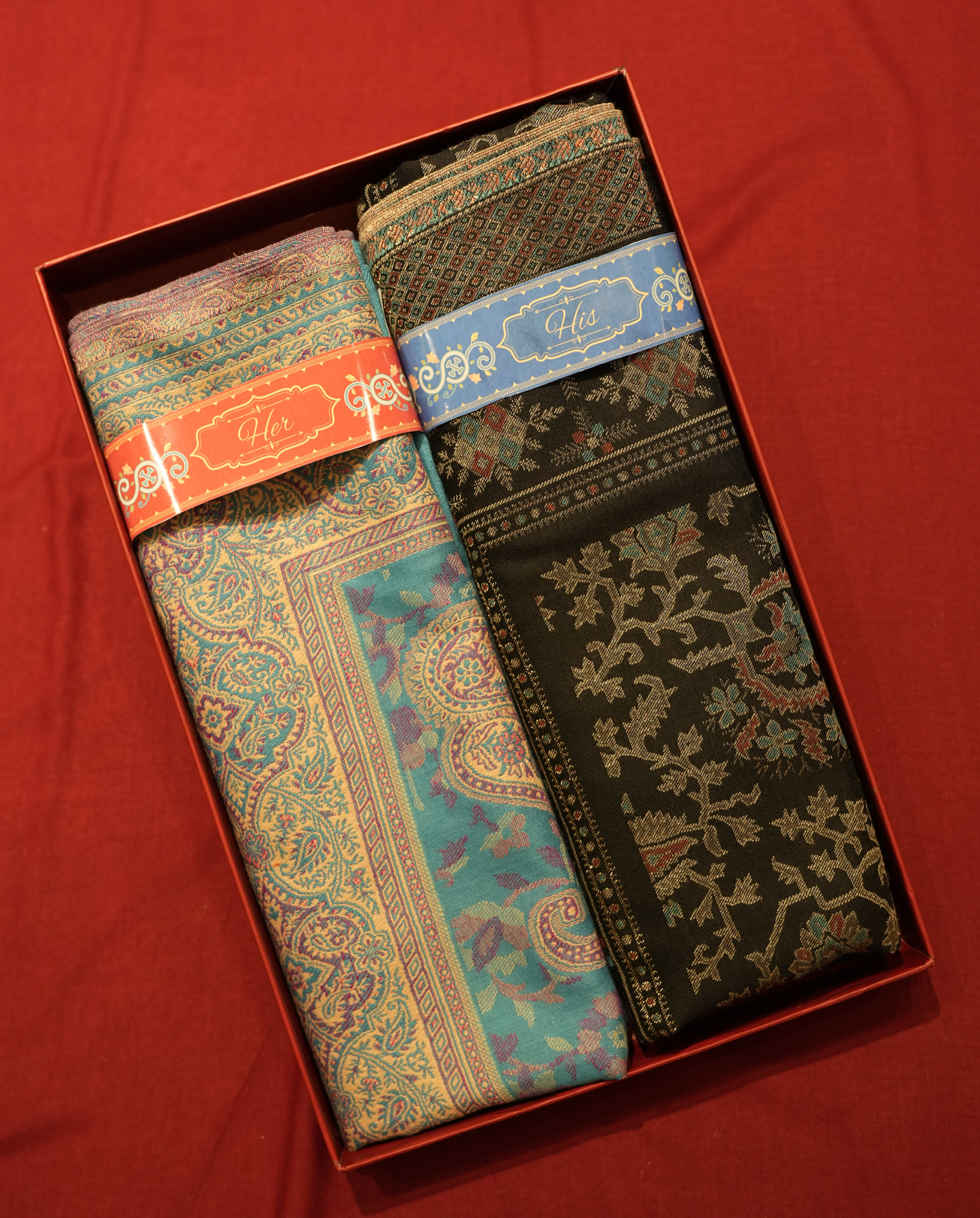 Pashmal His & Her Set of Jamawar Shawl & Stole, Premium Gift Box Packaging, Turquoise & Black