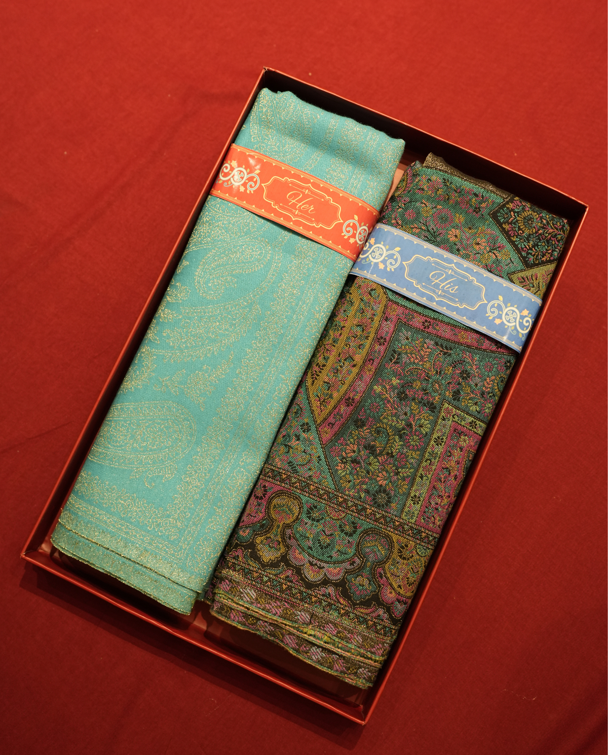 Pashmal His & Her Set of Jamawar Shawl & Stole, Premium Gift Box Packaging, Turquoise & Multicolor
