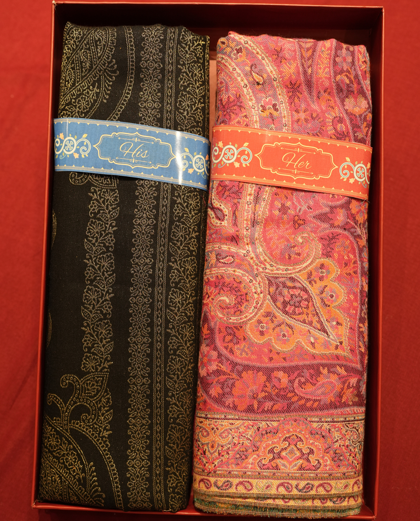 Pashmal His & Her Set of Jamawar Shawl & Stole, Premium Gift Box, Black & Pink