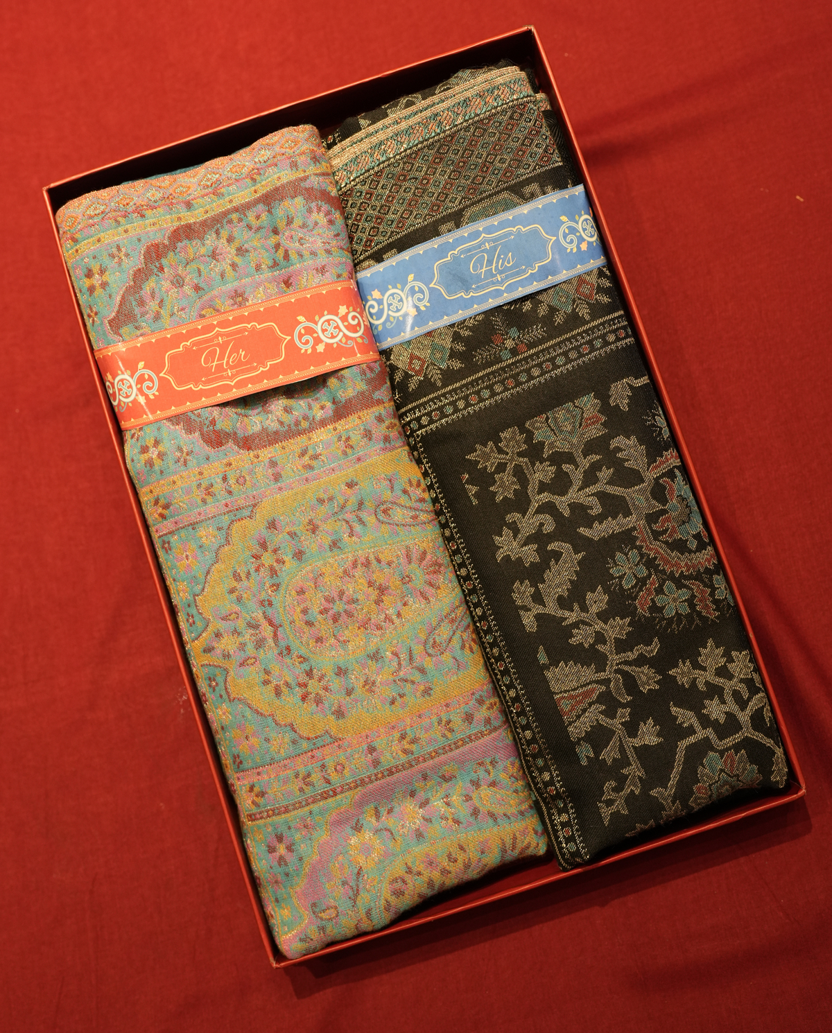 Pashmal His & Her Set of Jamawar Shawl & Stole, Premium Gift Box Packaging, Multicolor Blue & Black