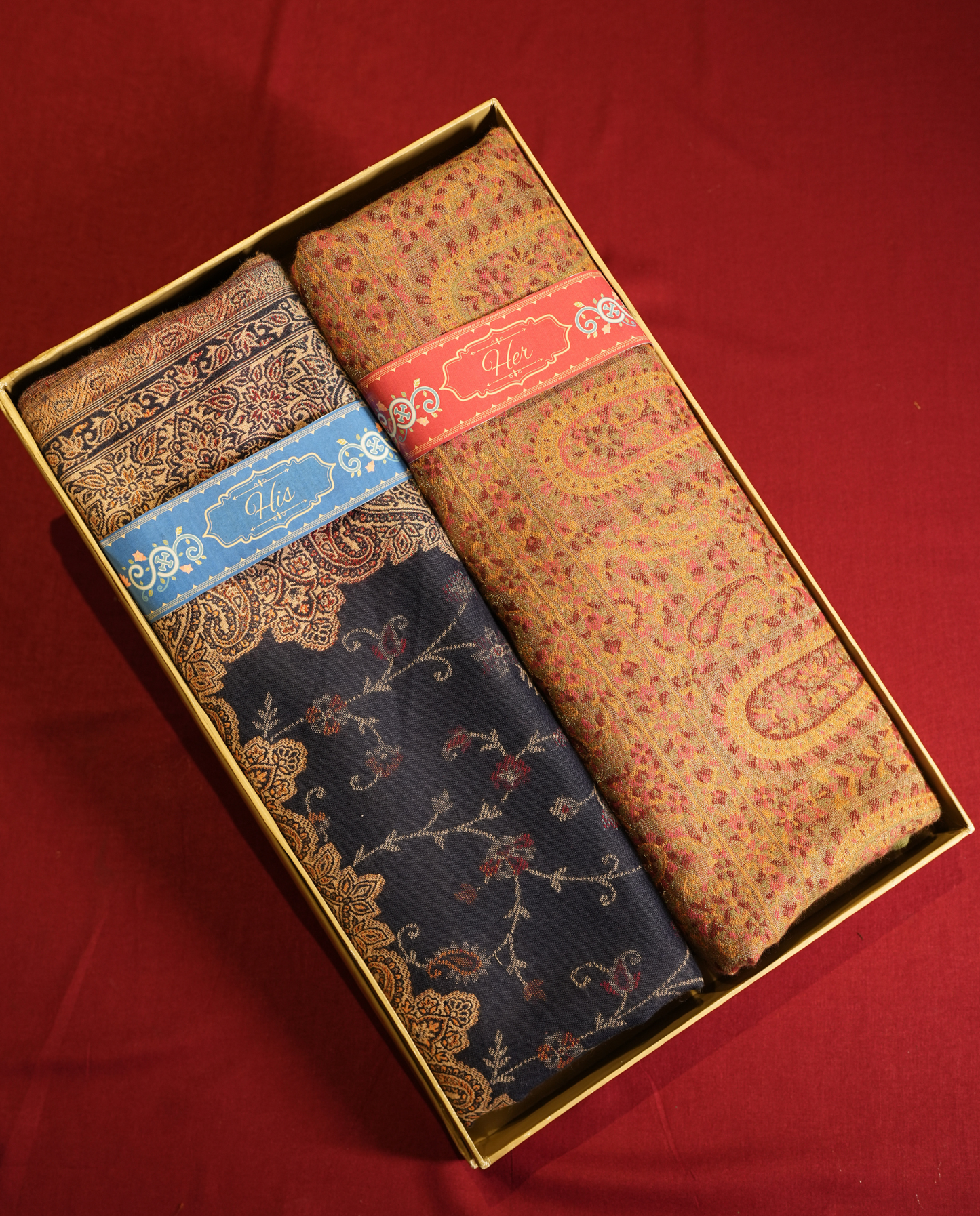 Pashmal His & Her Jamawar Shawl Set, Premium Gift Box, Navy Blue & Mustard