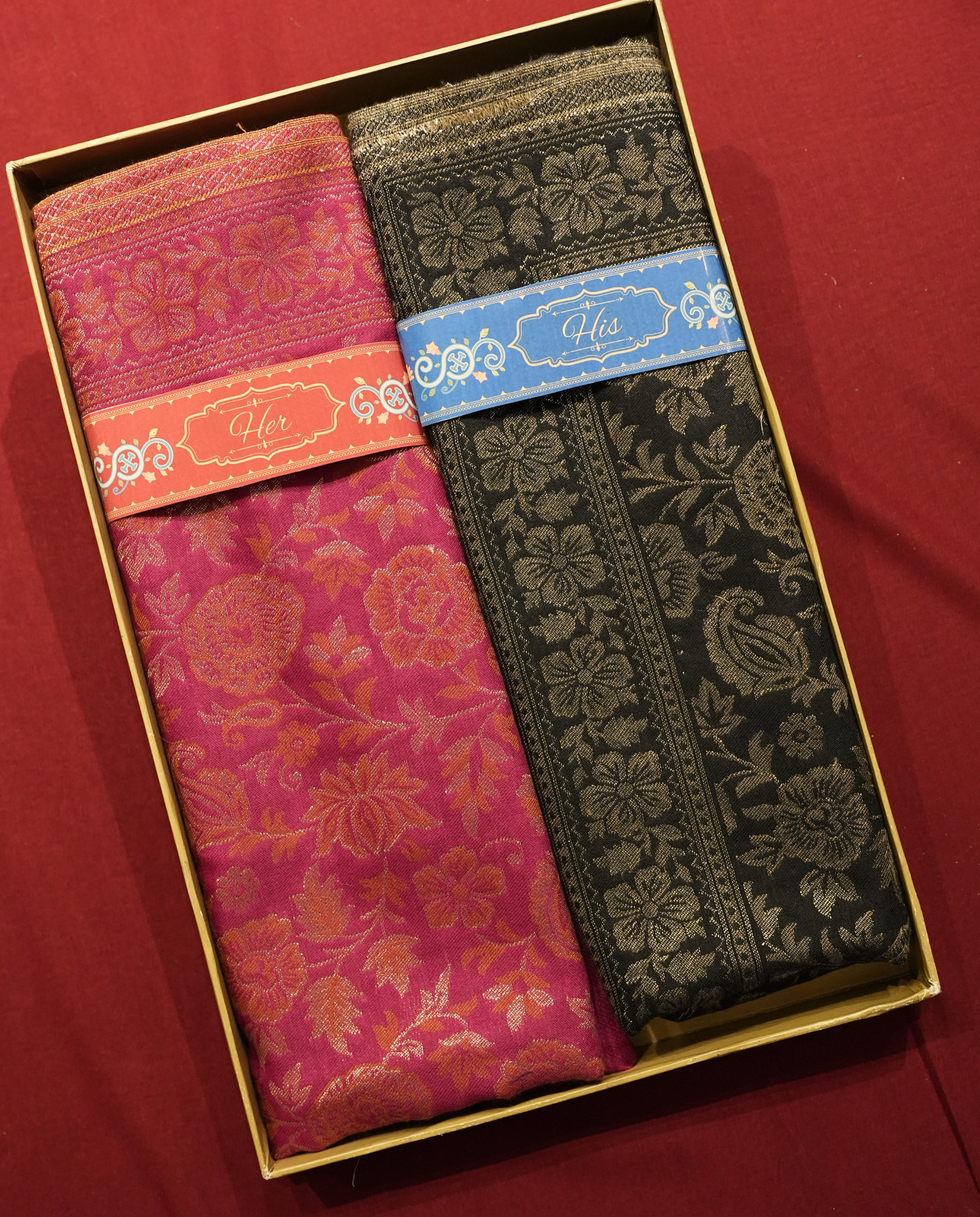 Pashmal His & Her Set of Floral Jamawar Shawl & Stole, Premium Gift Box Packaging, Pink & Black