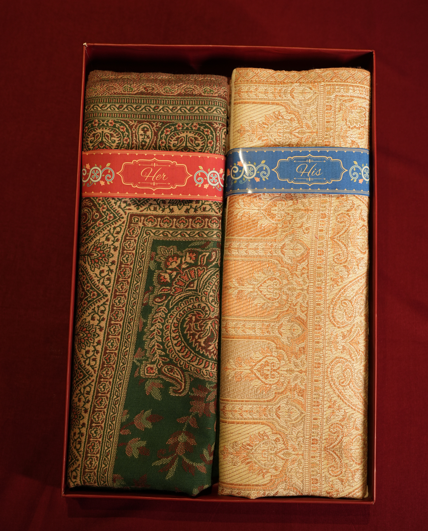 Pashmal His & Her Jamawar Shawl Set, Premium Gift Box, Green & Cream