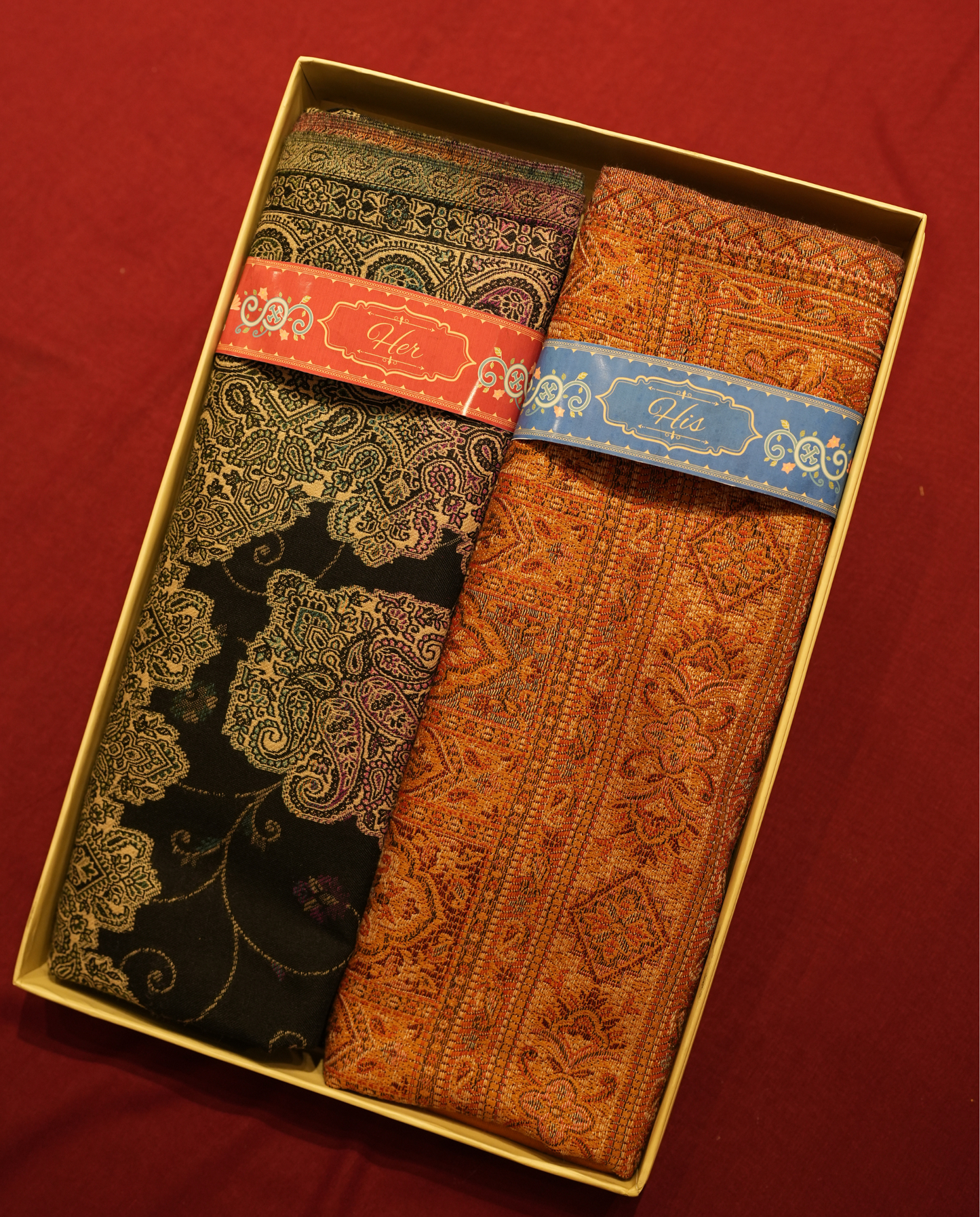 Pashmal His & Her Jamawar Shawl Set, Premium Gift Box, Black & Orange