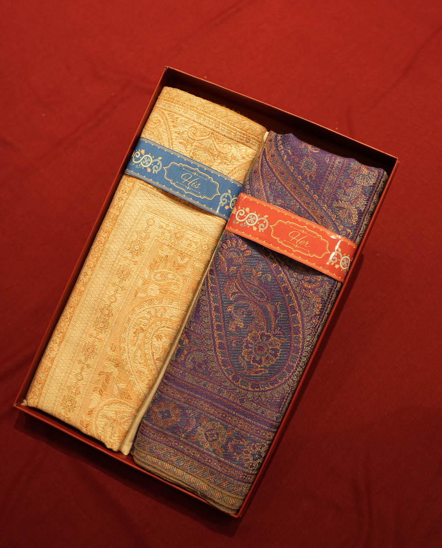 Pashmal His & Her Jamawar Shawl Set, Premium Gift Box, Cream & Purple