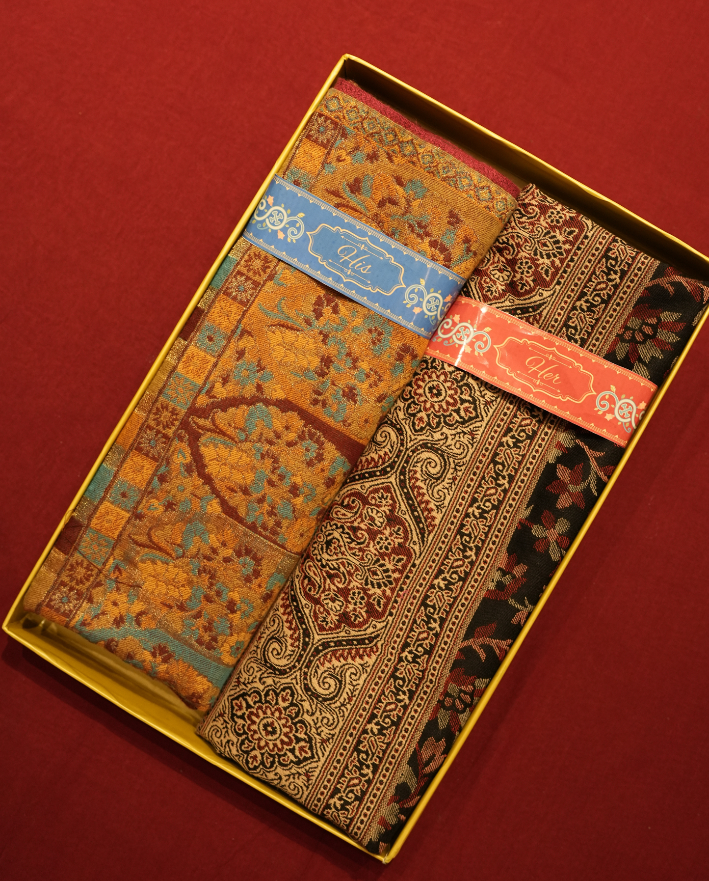 Pashmal His & Her Set of Jamawar Shawl & Stole, Premium Gift Box Packaging, Mustard Orange & Black