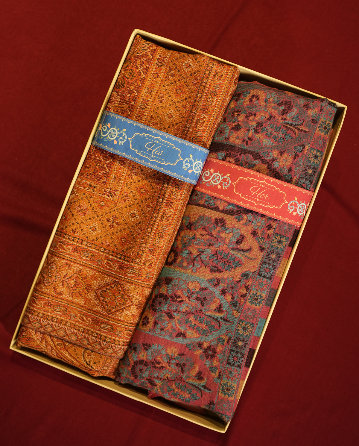 Pashmal His & Her Jamawar Shawl Set, Premium Gift Box, Orange & Multicolor